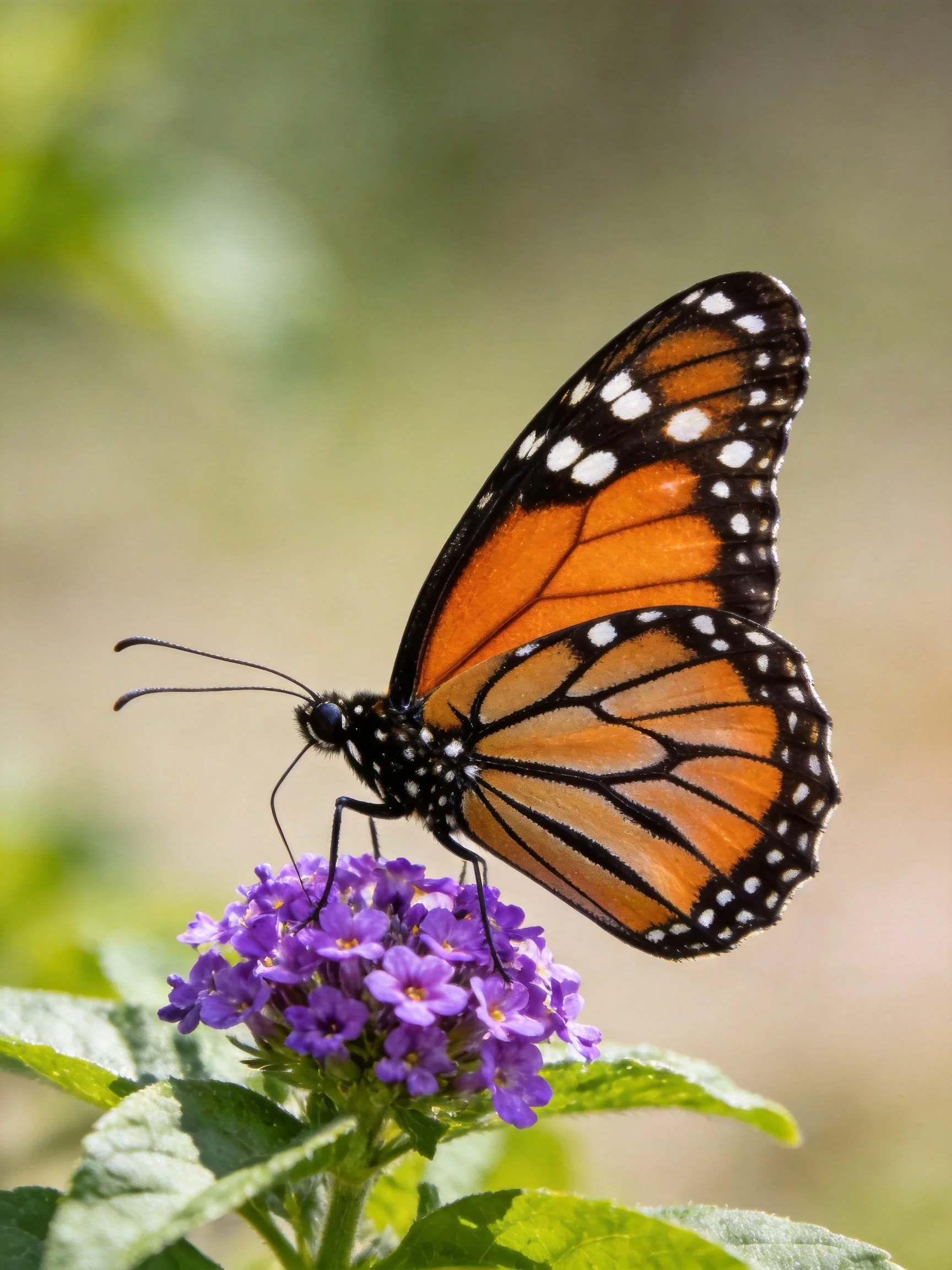 A monarch butterfly with orange and black wings perched on purple flowers