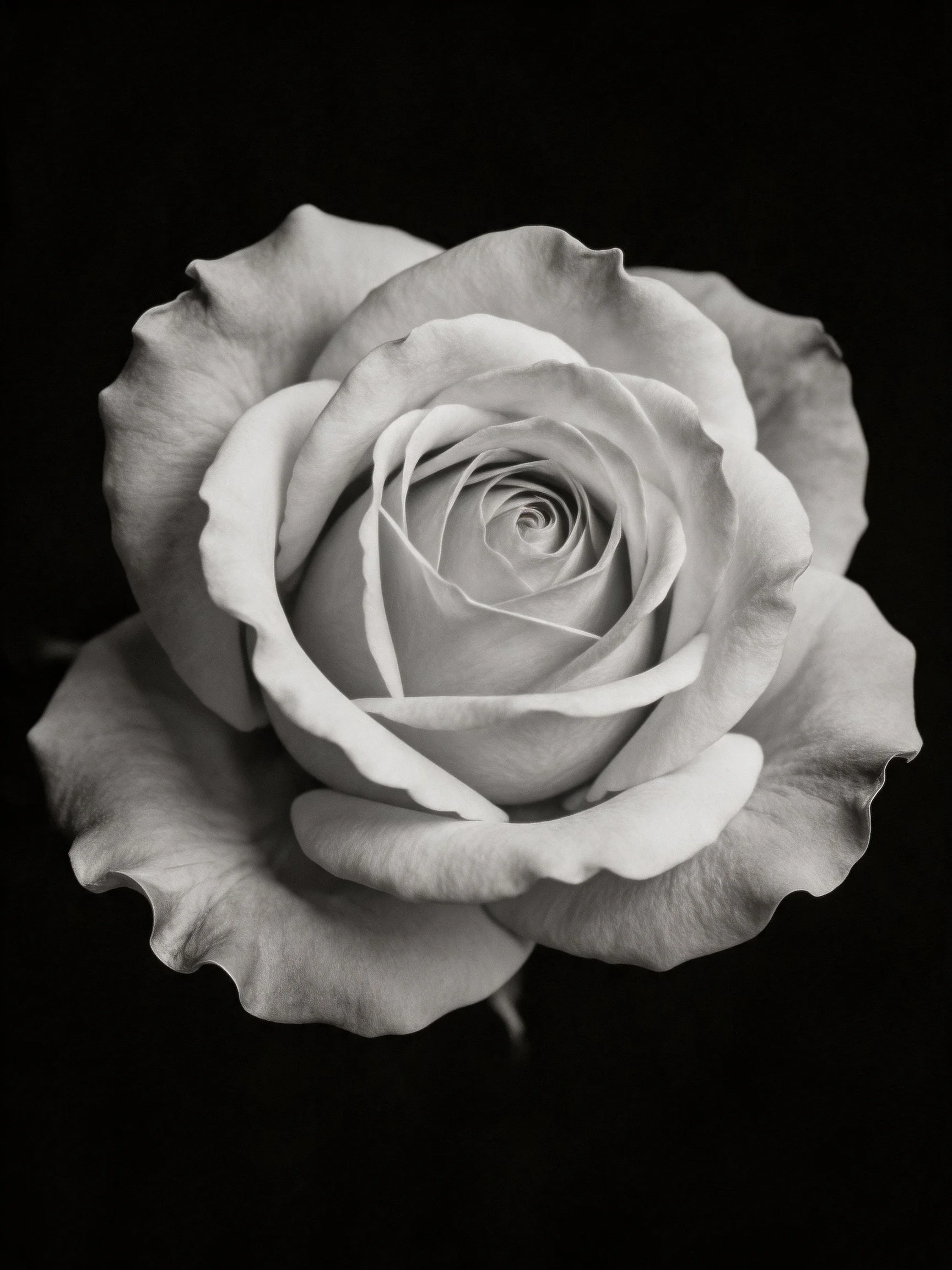 A monochromatic close - up of a fully bloomed rose