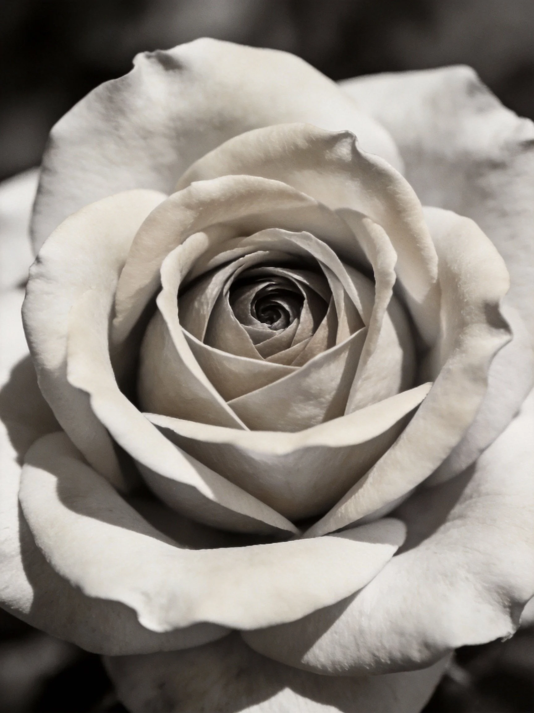 A monochromatic close - up of a fully bloomed white rose