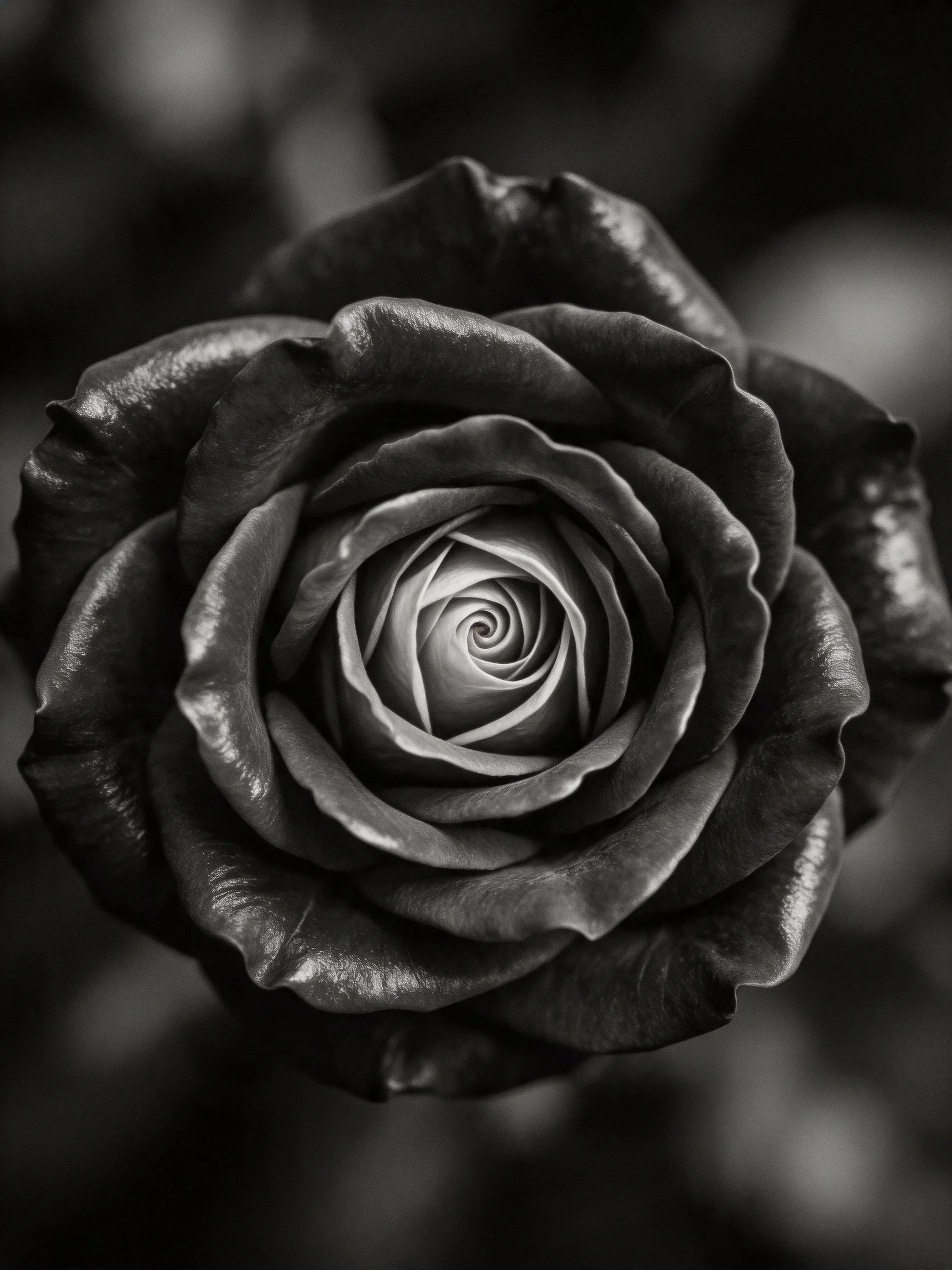 A monochromatic close - up of a spiraling rose