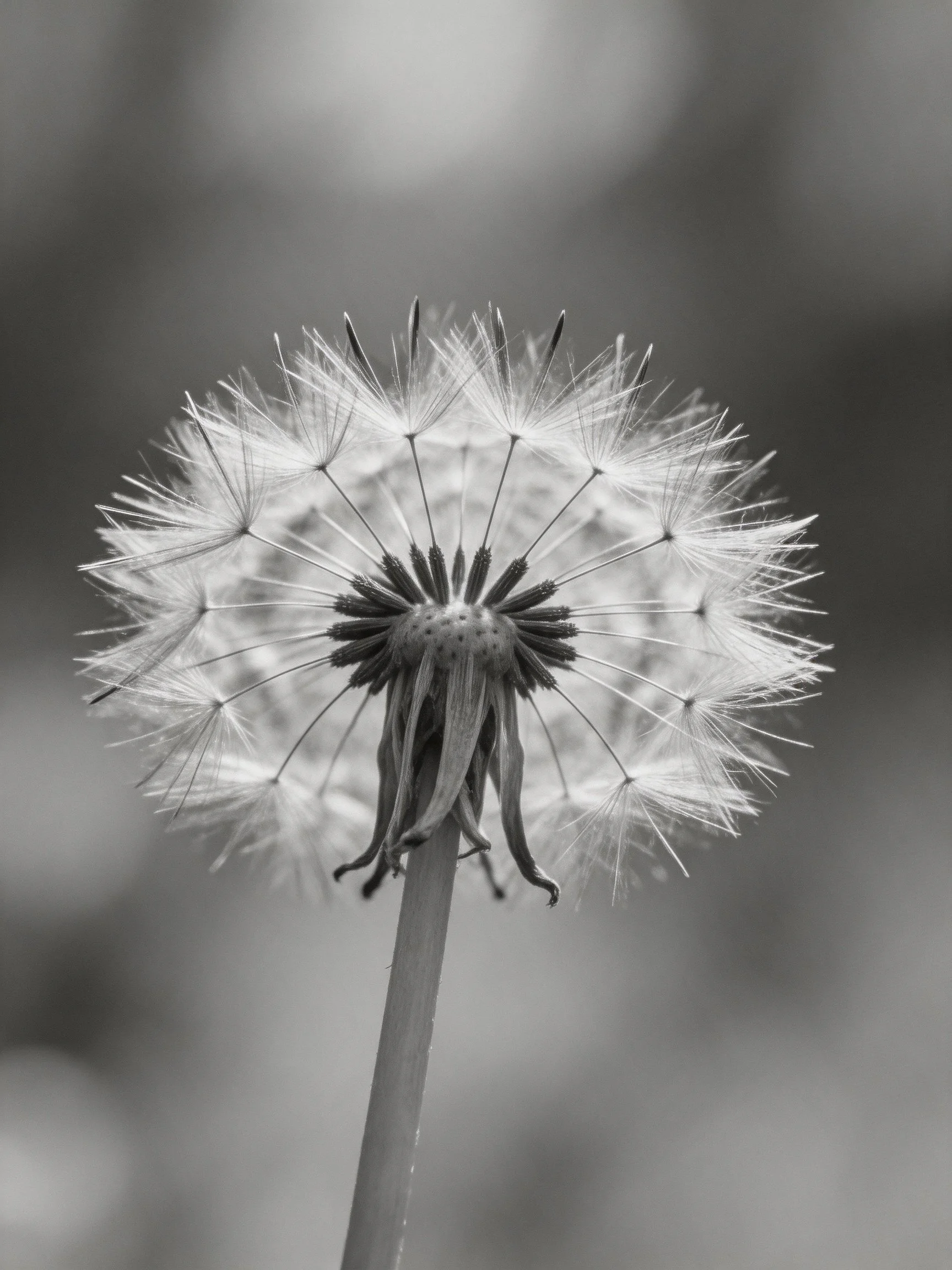A monochrome close - up of a mature dandelion seed head