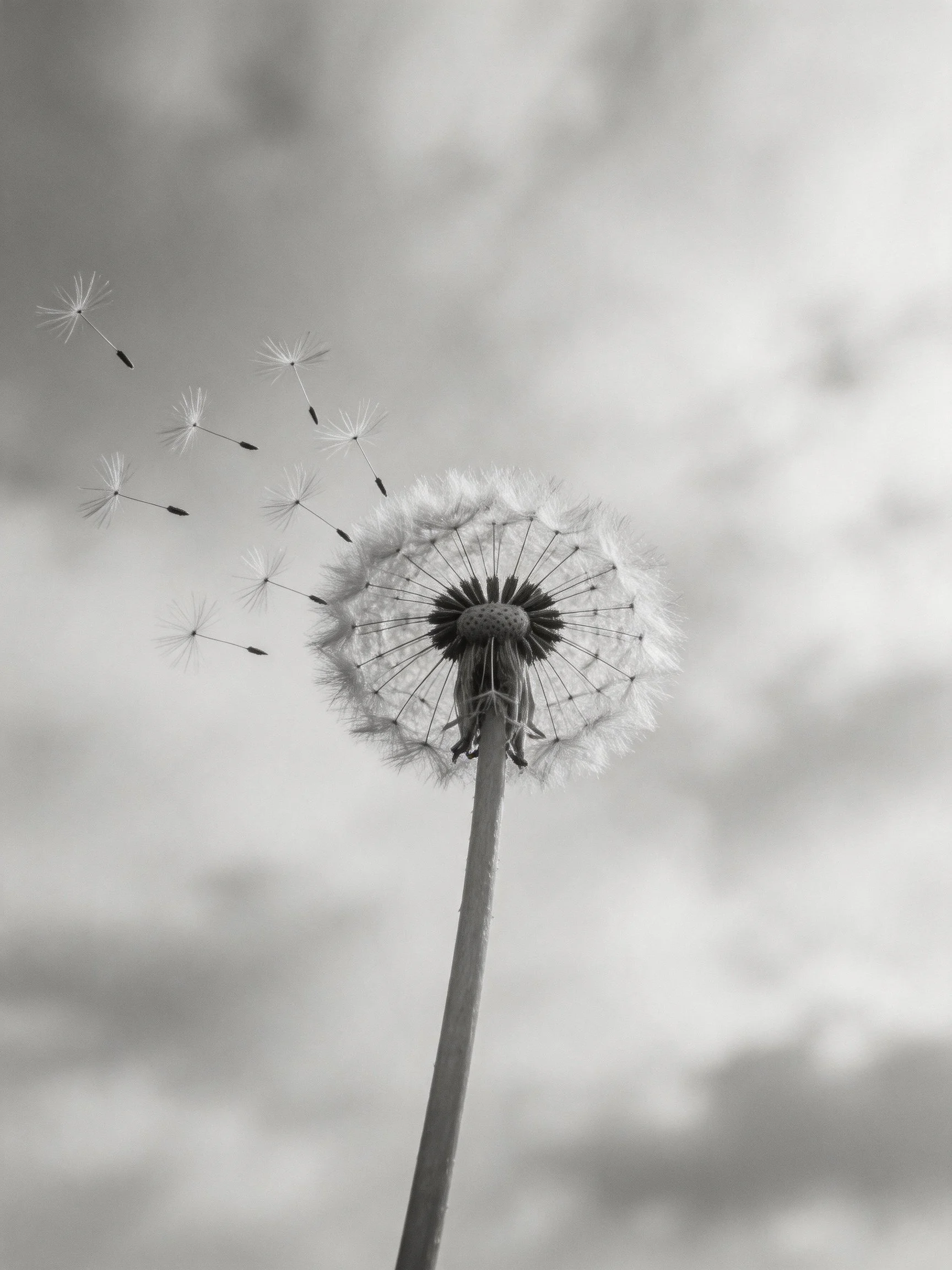 A monochrome dandelion seed head with seeds dispersing into a cloudy sky