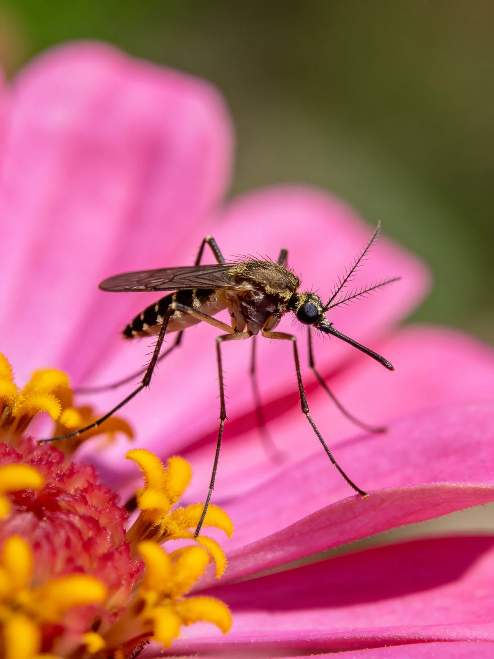 A mosquito perches on a vibrant pink flower with yellow stamens