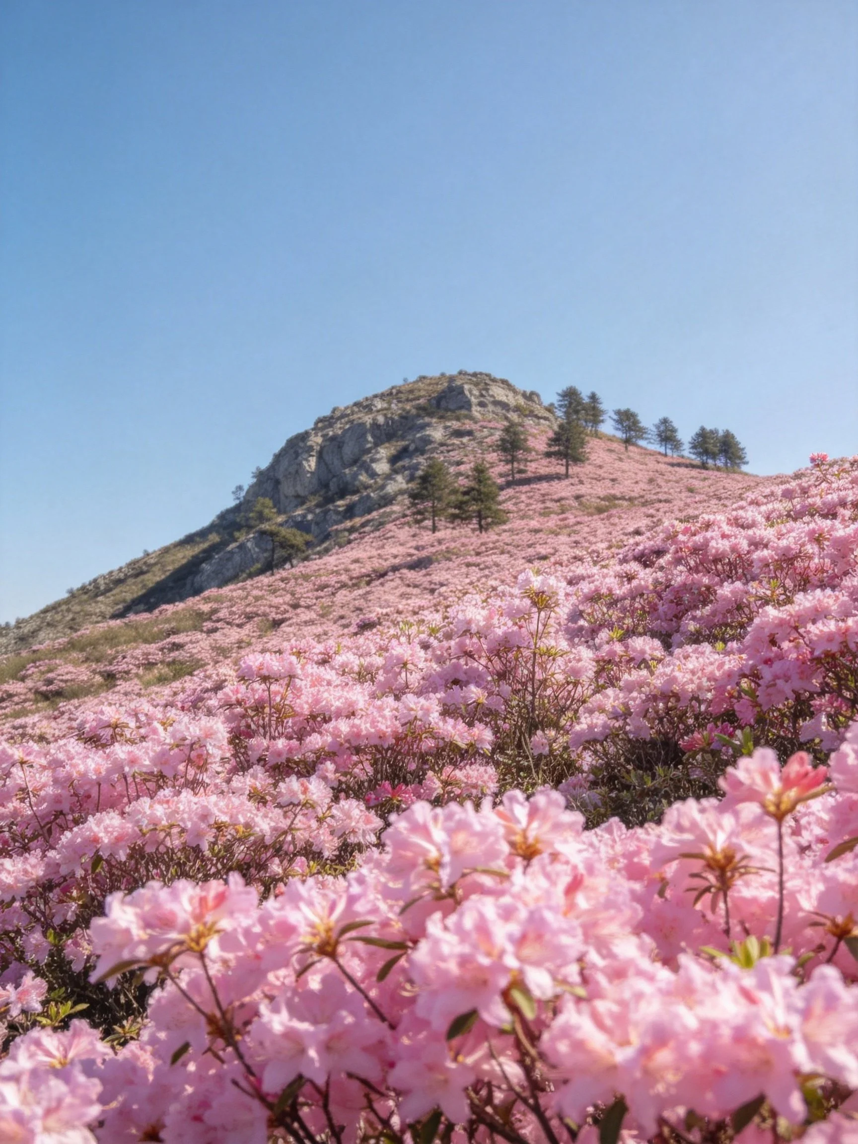 A mountain blanketed in pink flowers with scattered trees