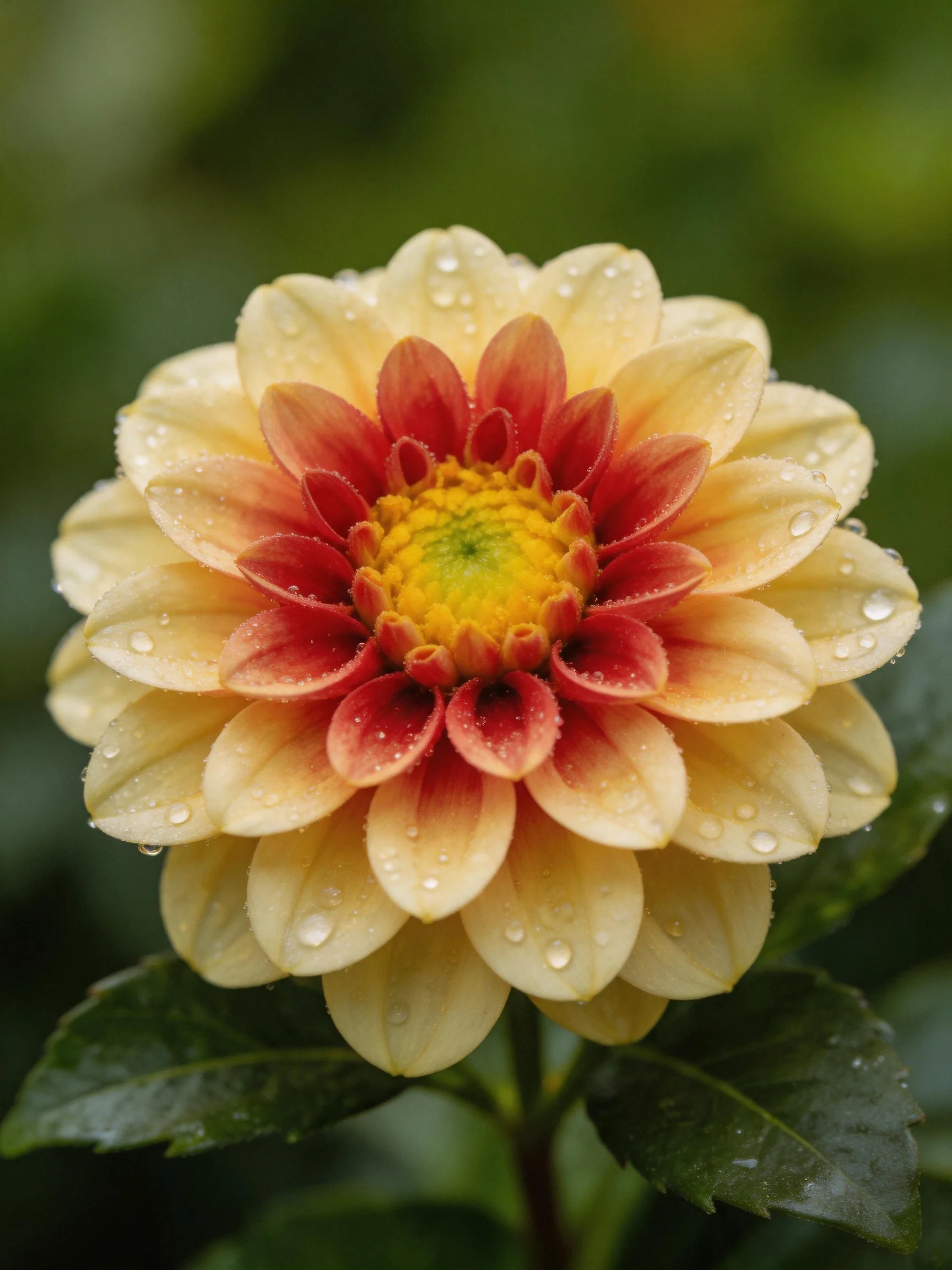 A multi - colored dahlia with water droplets on petals