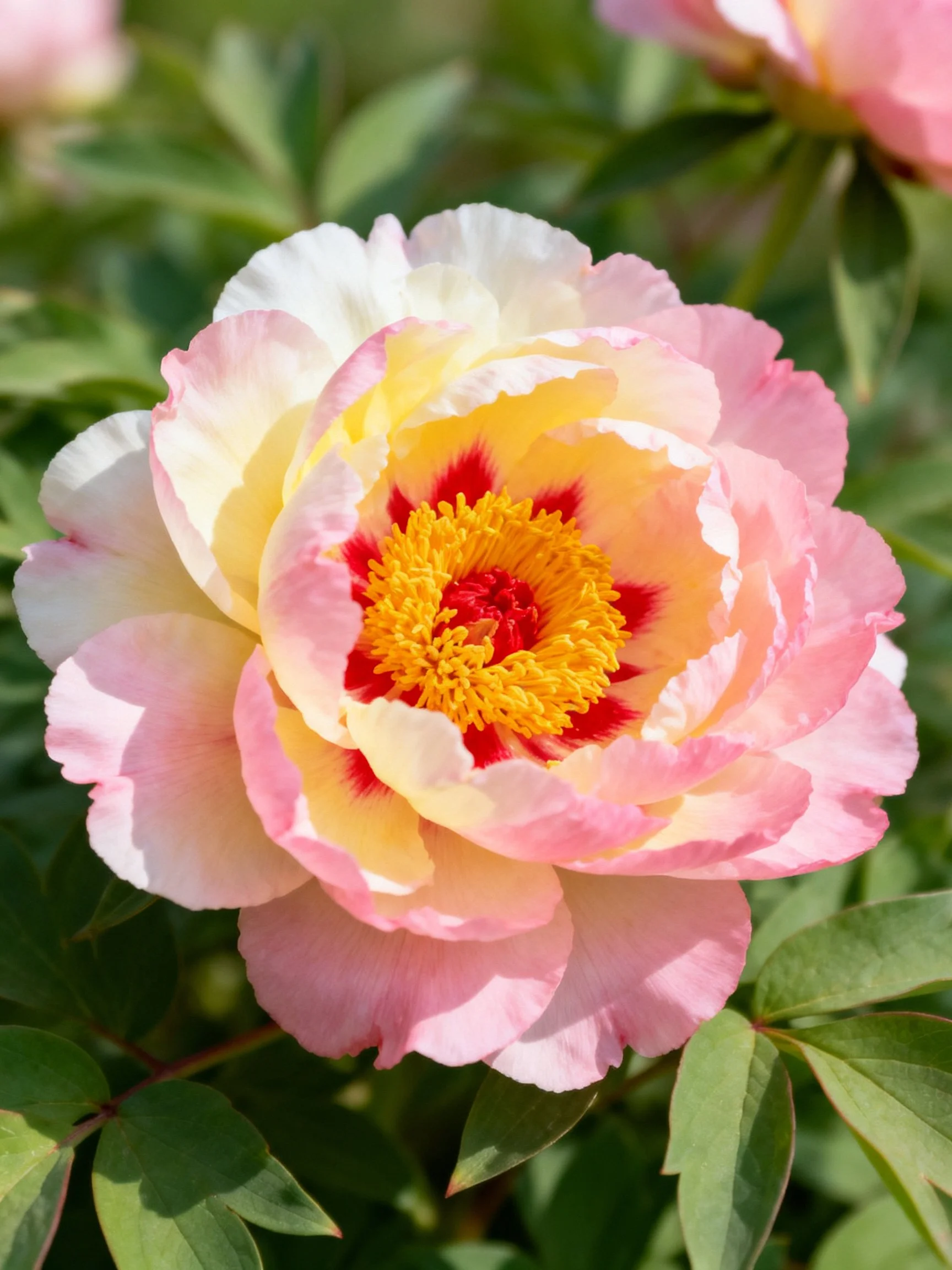 A multi-colored peony with pink, yellow, and red petals