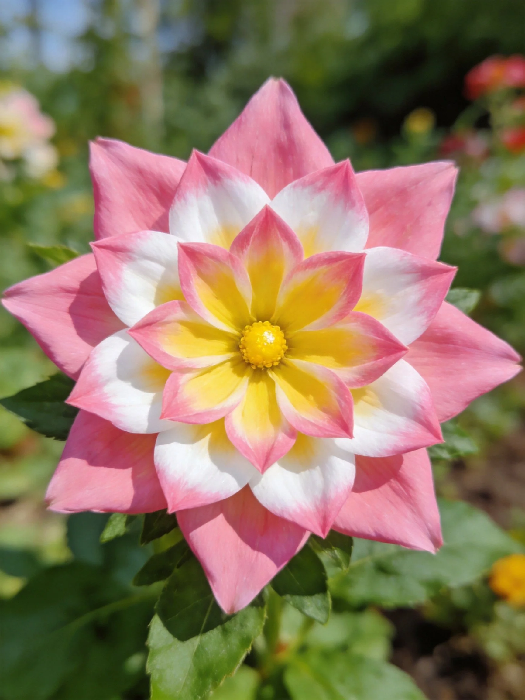 A multi - hued dahlia with pink, white, and yellow petals