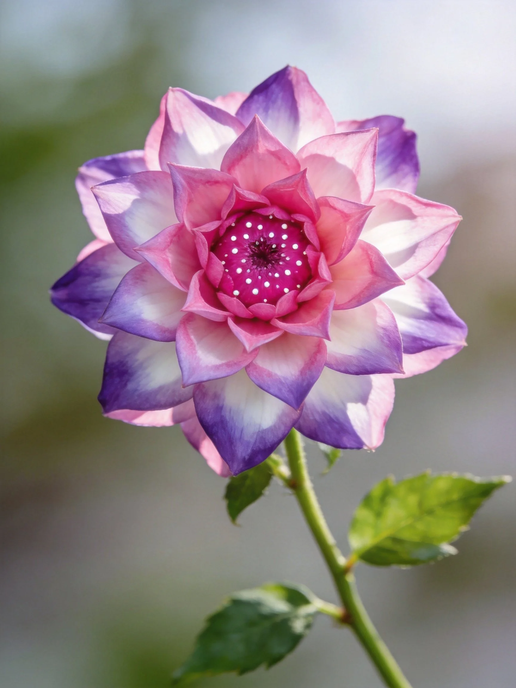 A multi - hued layered flower with pink and purple petals