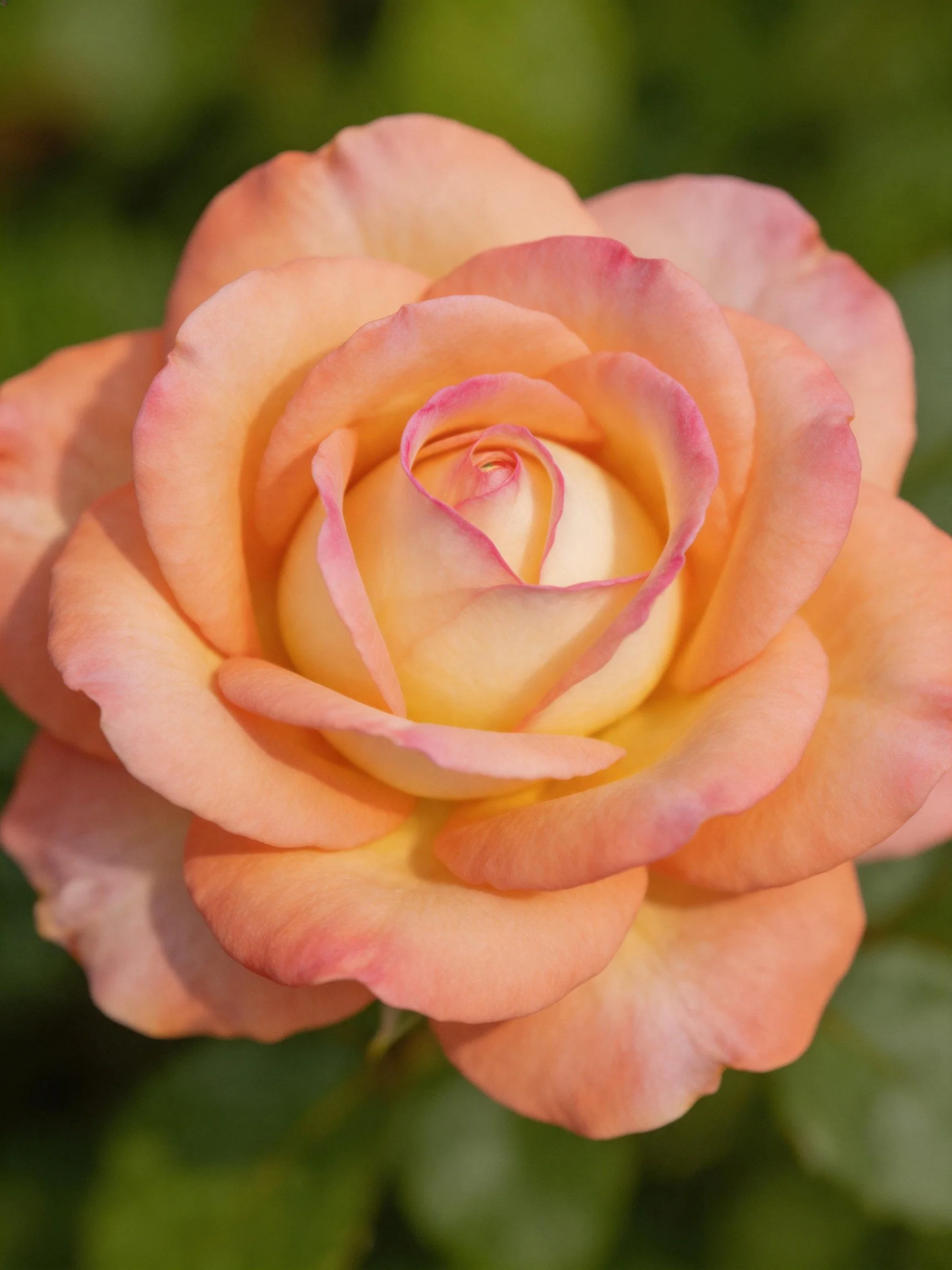 A multi-hued rose with soft pink and peach petals