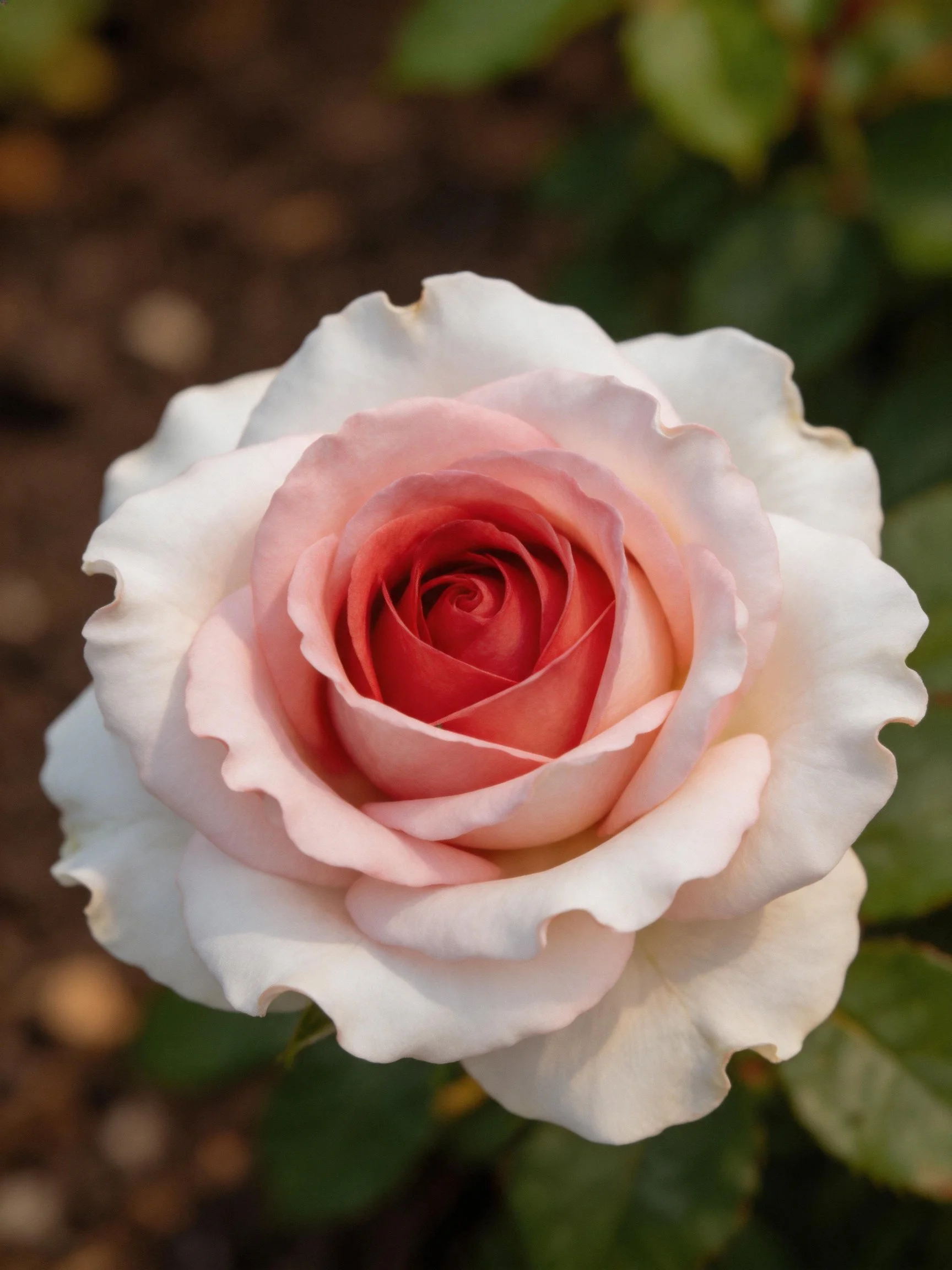 A multi - hued rose with soft pink and white petals