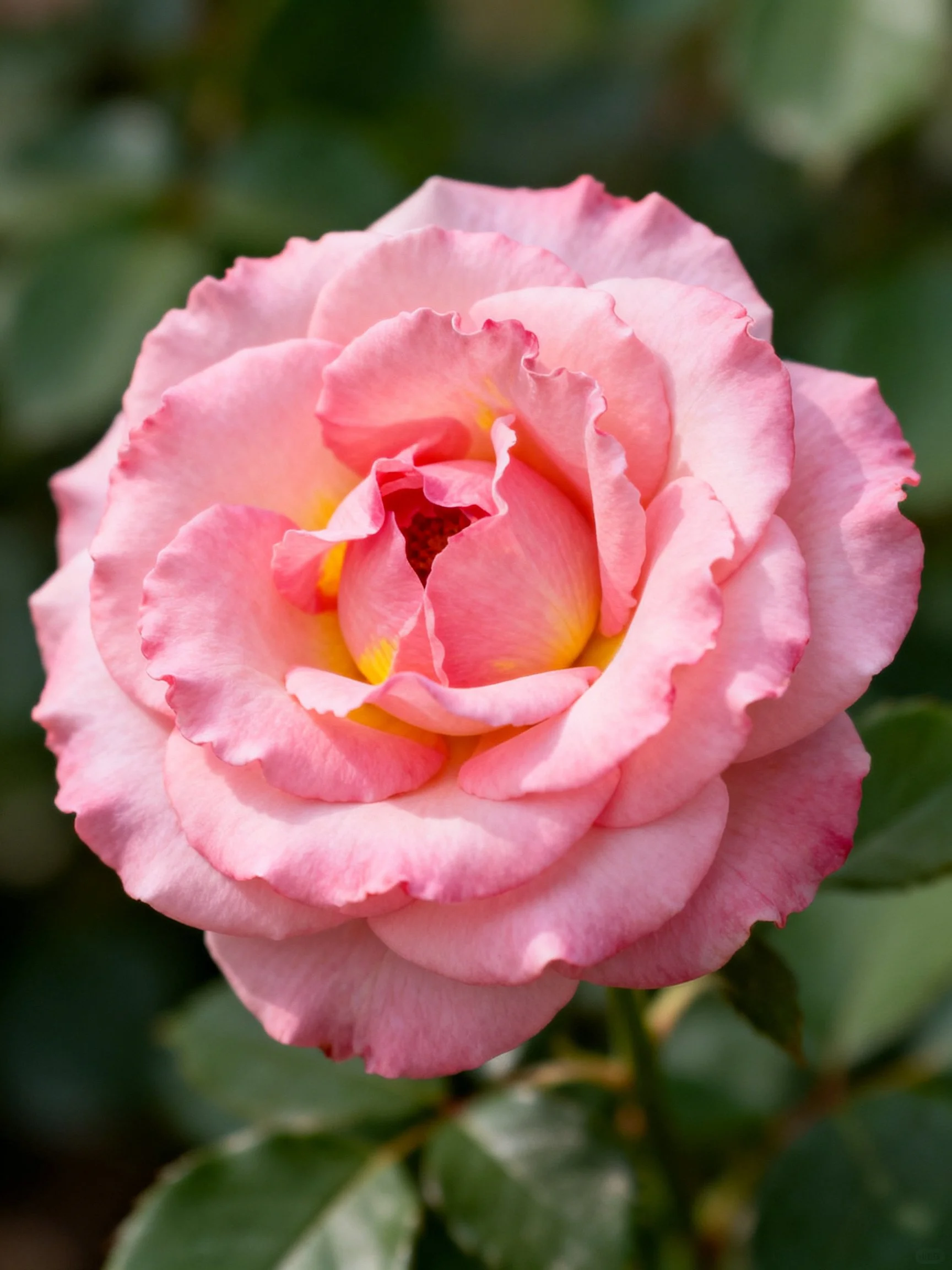 A multi-layered pink rose with yellow center and ruffled petals