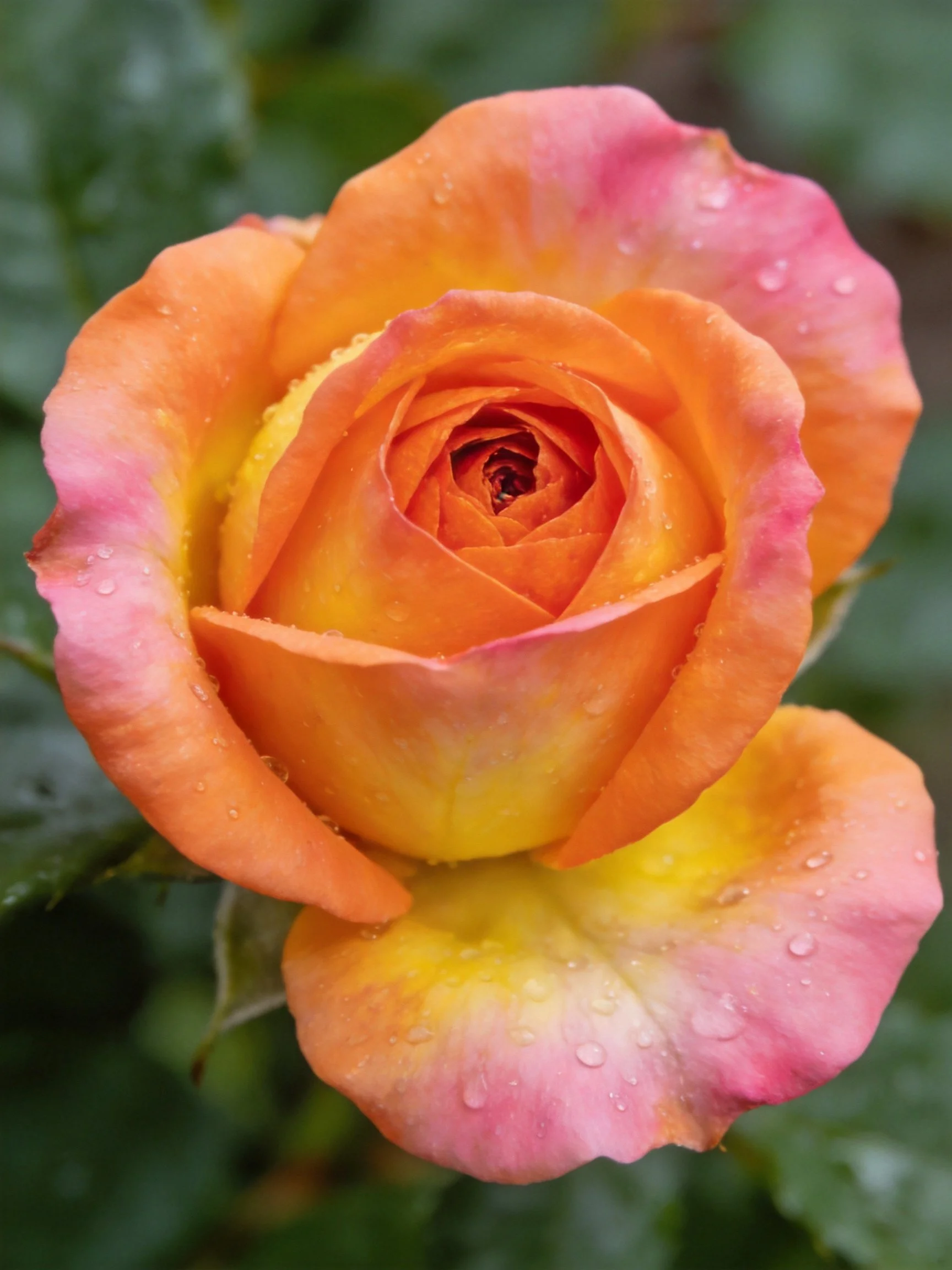 A multicolored rose with dewdrops on petals