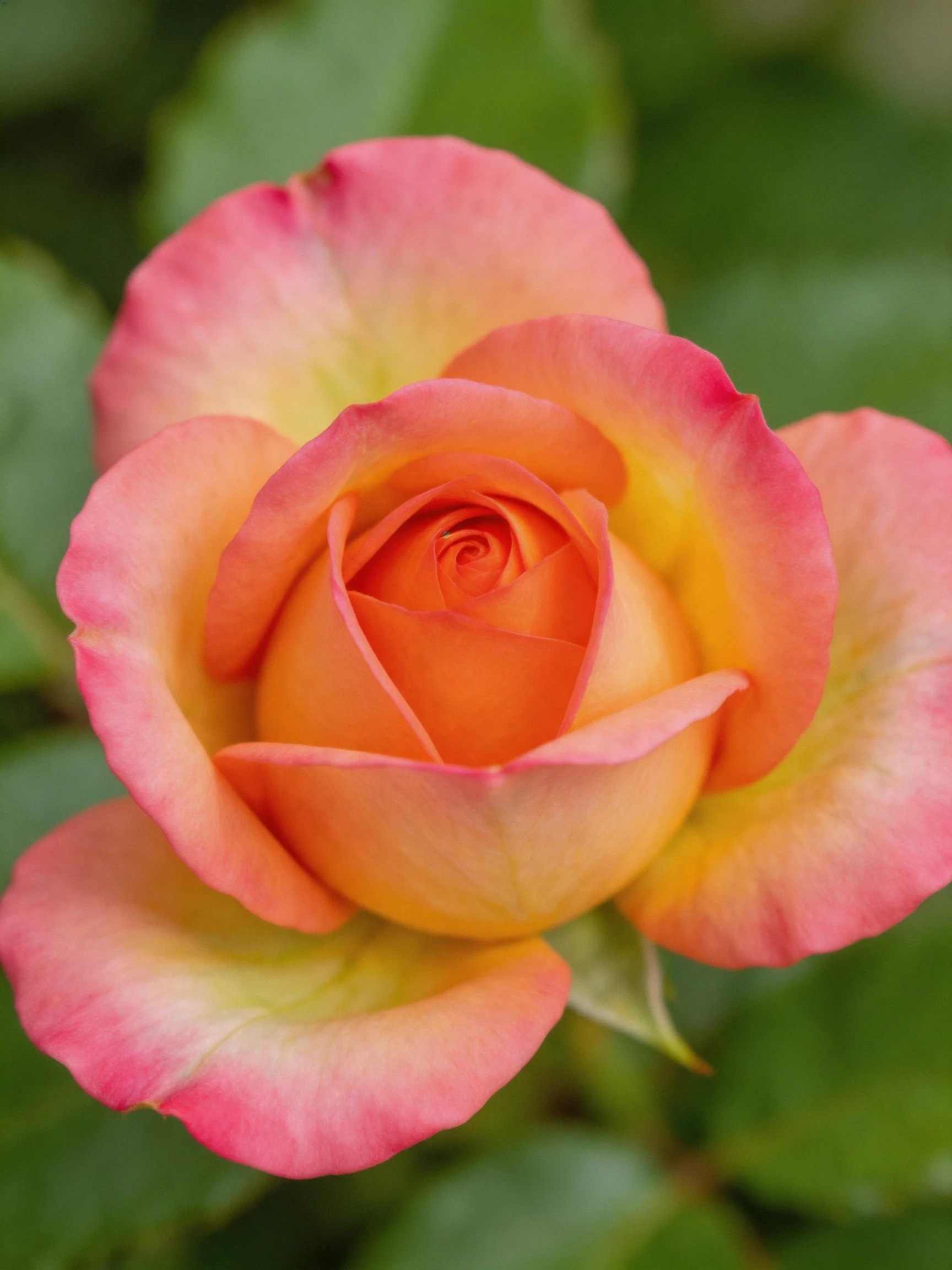 A multicolored rose with pink, orange, and yellow petals