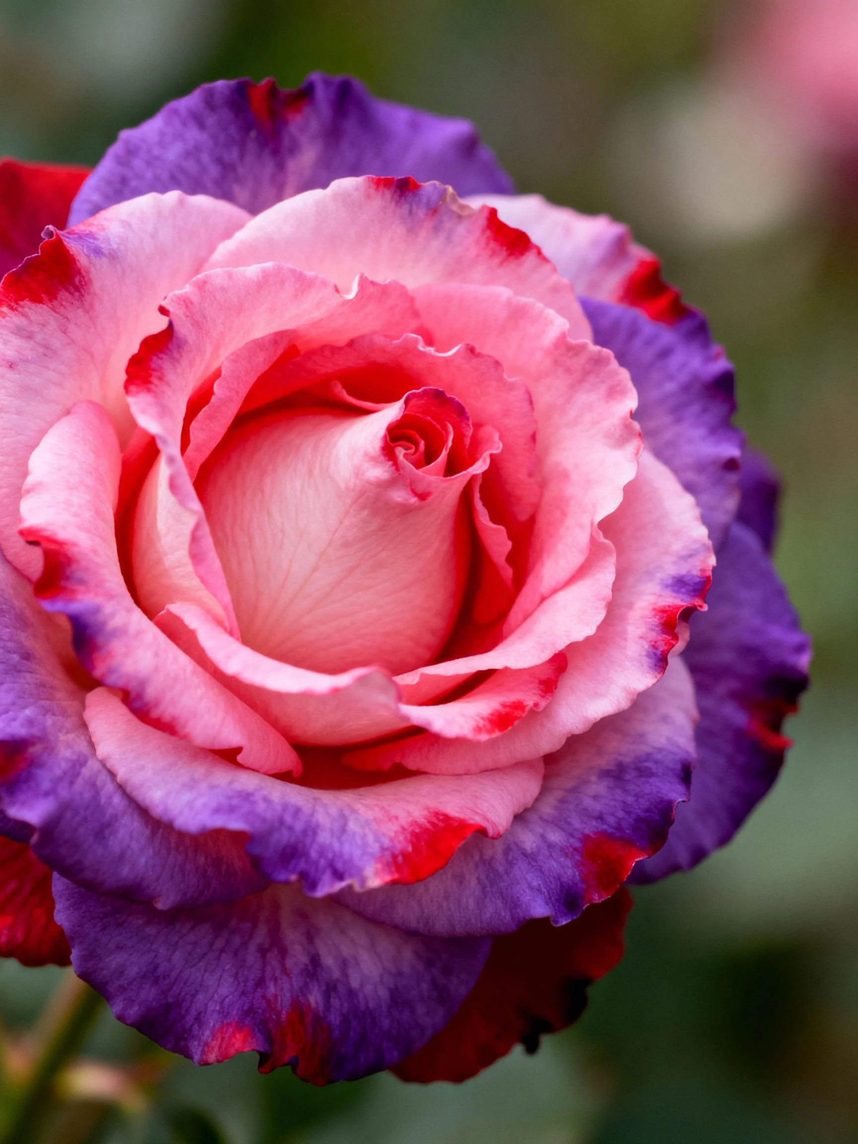 A multicolored rose with pink, purple, and red petals