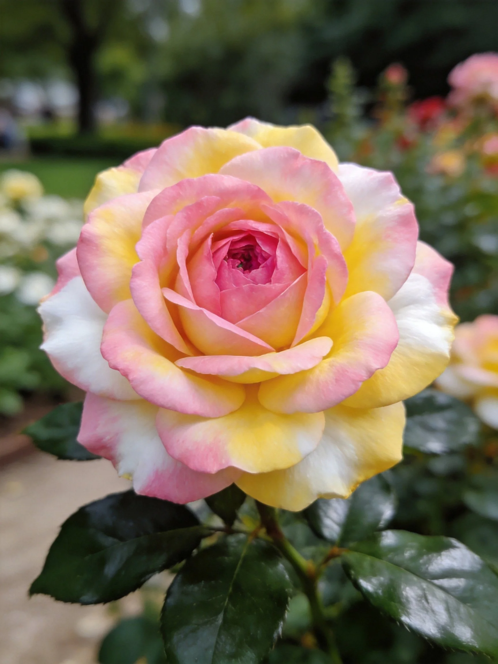 A multicolored rose with pink, yellow, and white petals