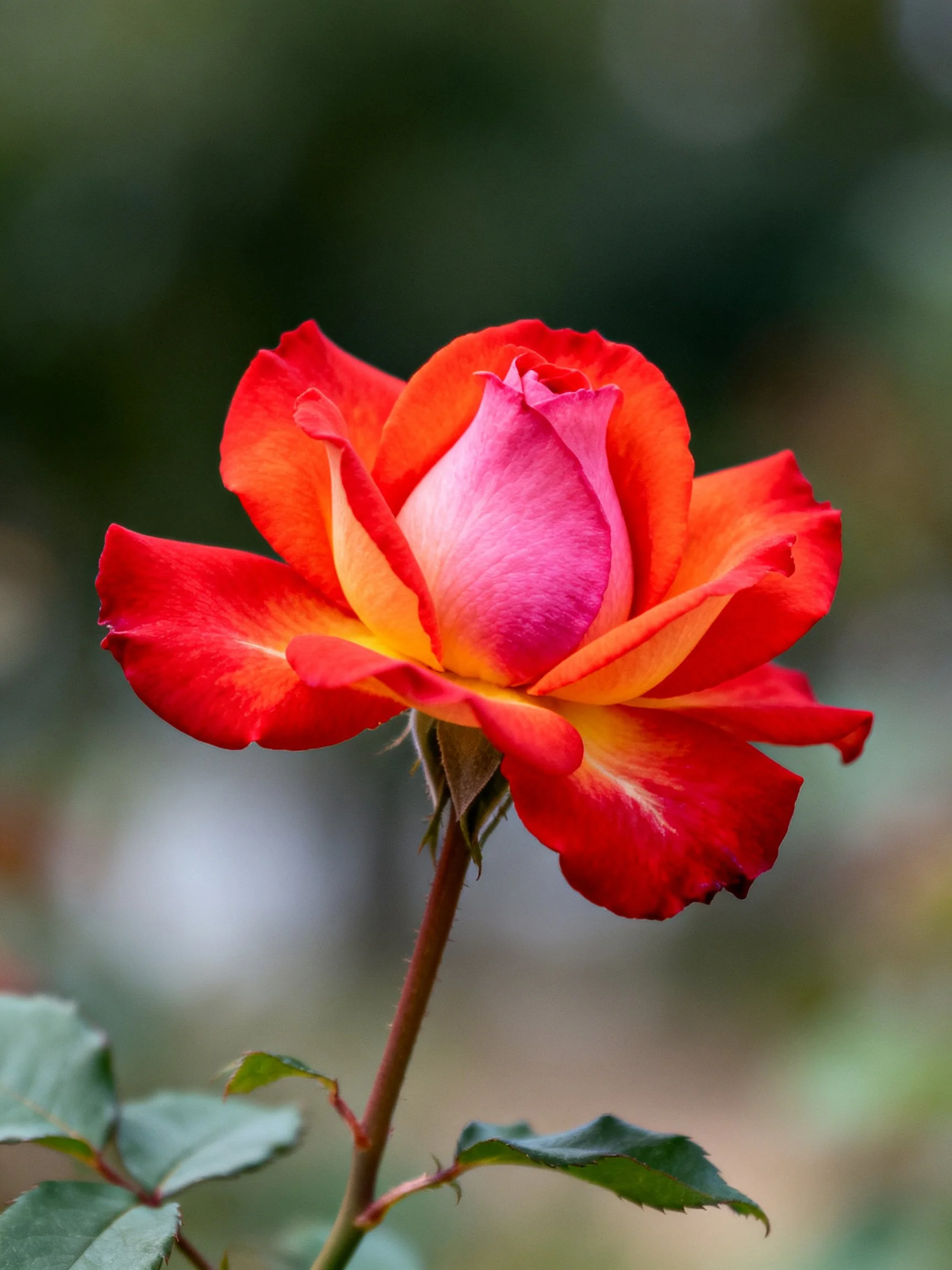 A multicolored rose with red, orange, and pink petals