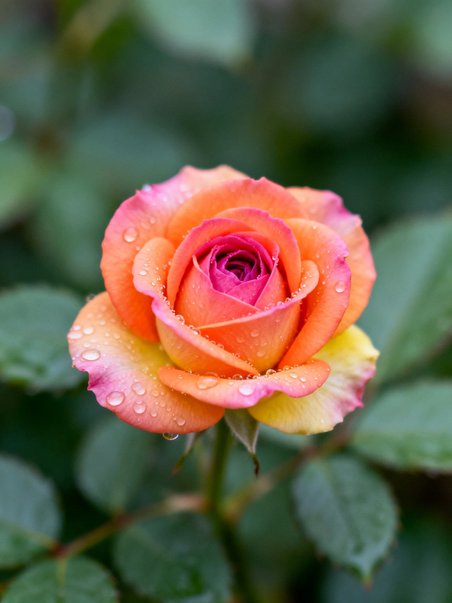 A multicolored rose with water droplets and green foliage