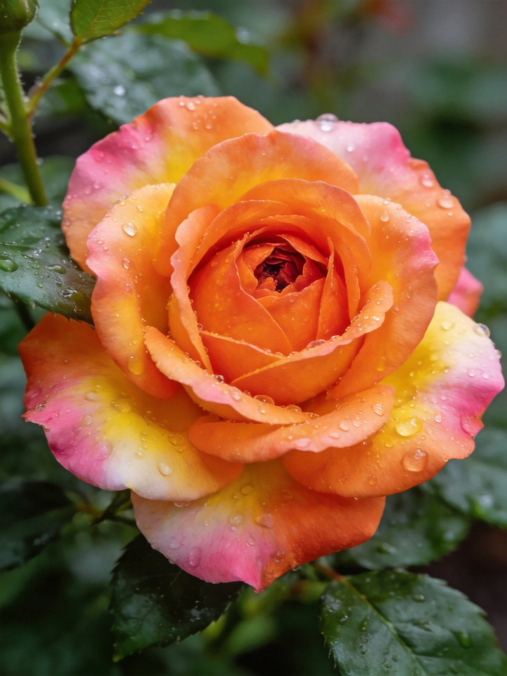 A multicolored rose with water droplets on petals