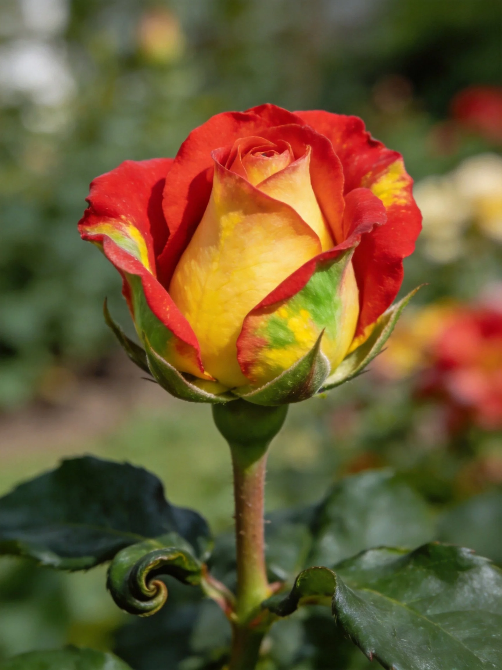 A multicolored rosebud with red, yellow, and green petals