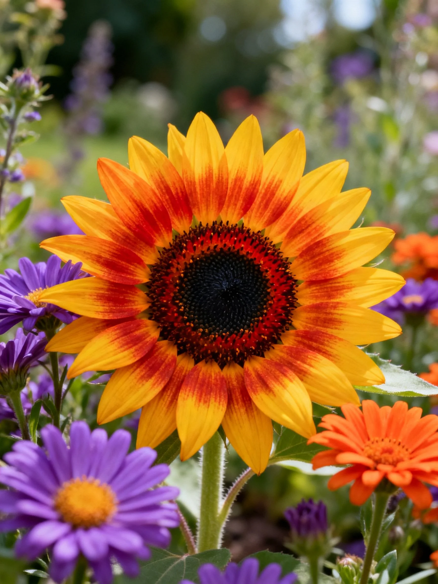 A multicolored sunflower with orange-yellow petals amidst purple and orange flowers