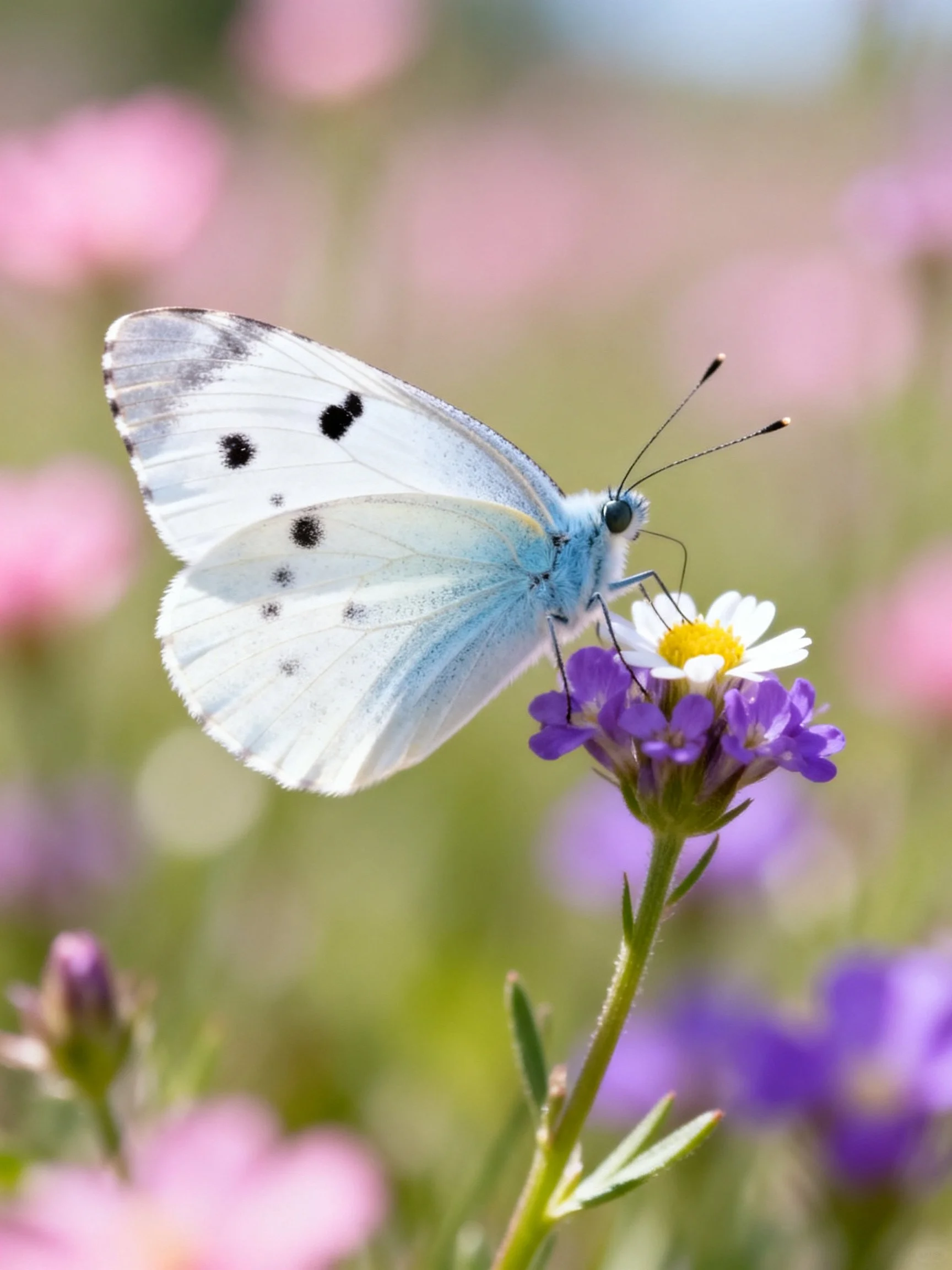 A pale blue butterfly perched on purple and white flowers