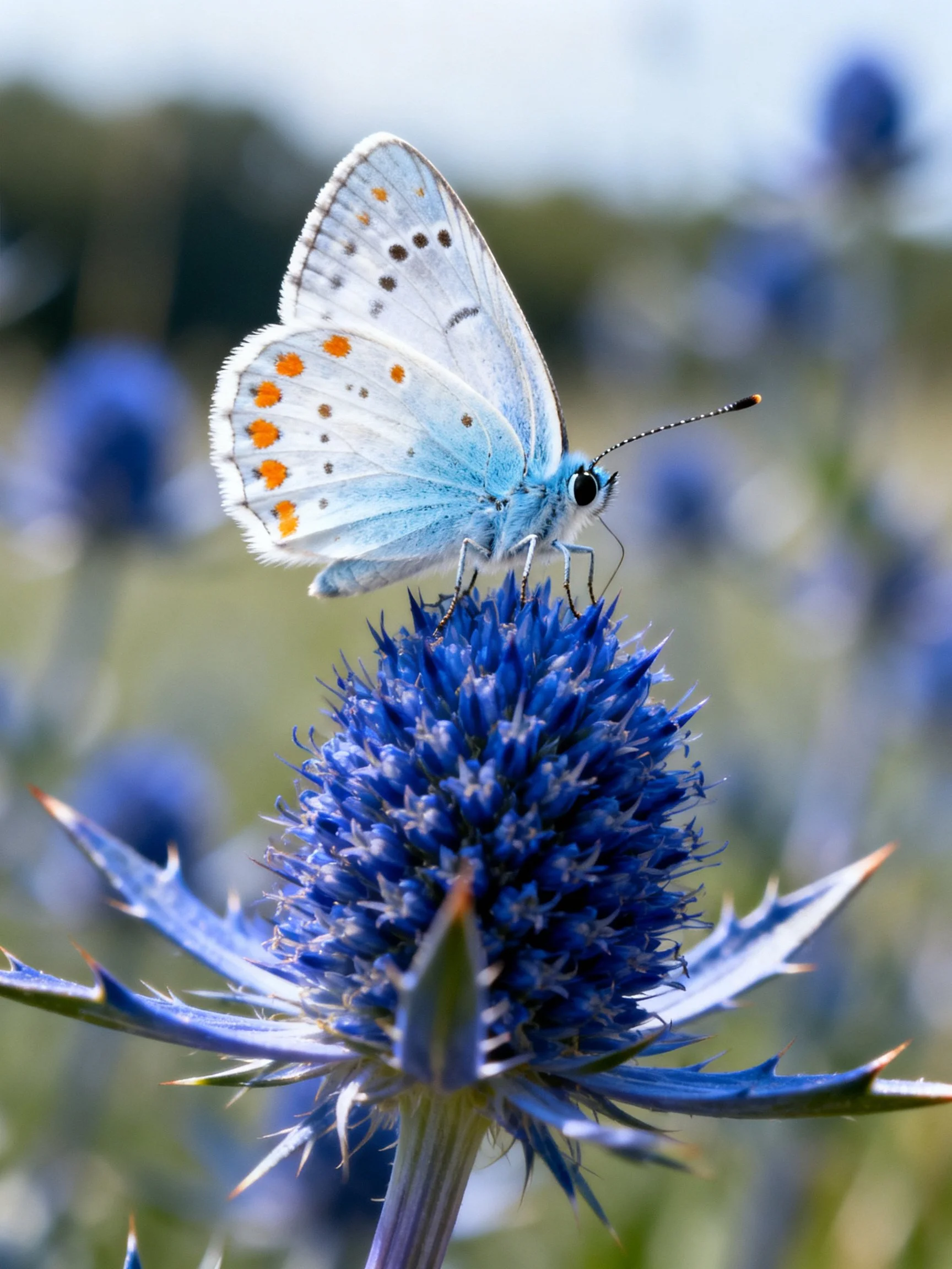 A pale blue butterfly with orange wing spots perches on a vibrant blue flower