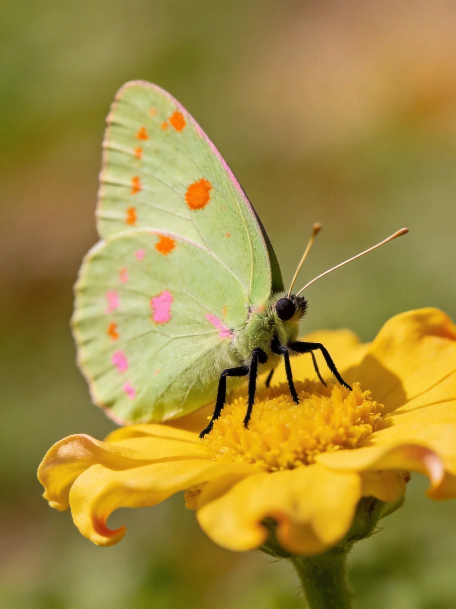 A pale green butterfly with orange and pink wing spots on a bright yellow flower