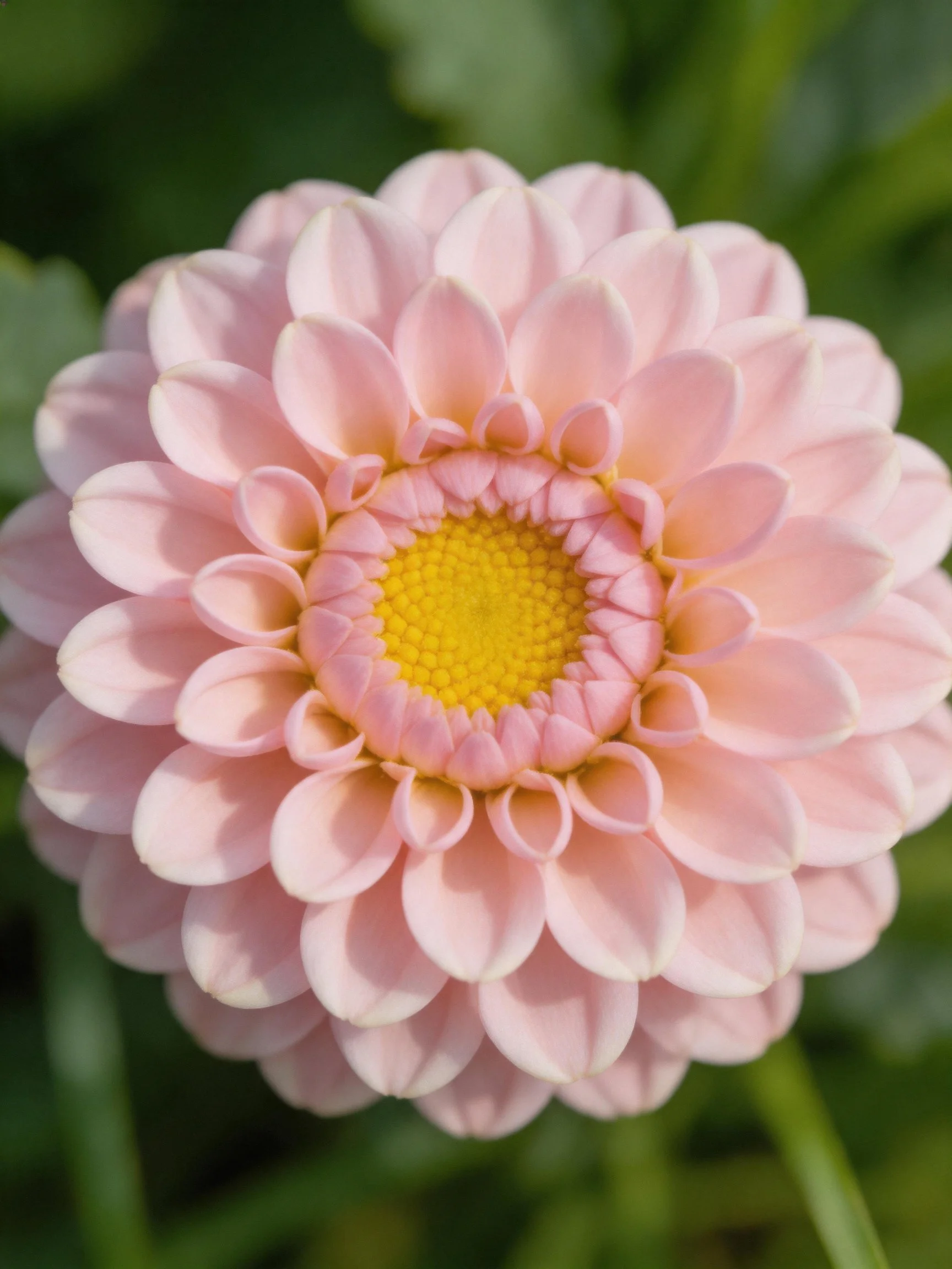 A pale pink dahlia with a bright yellow center