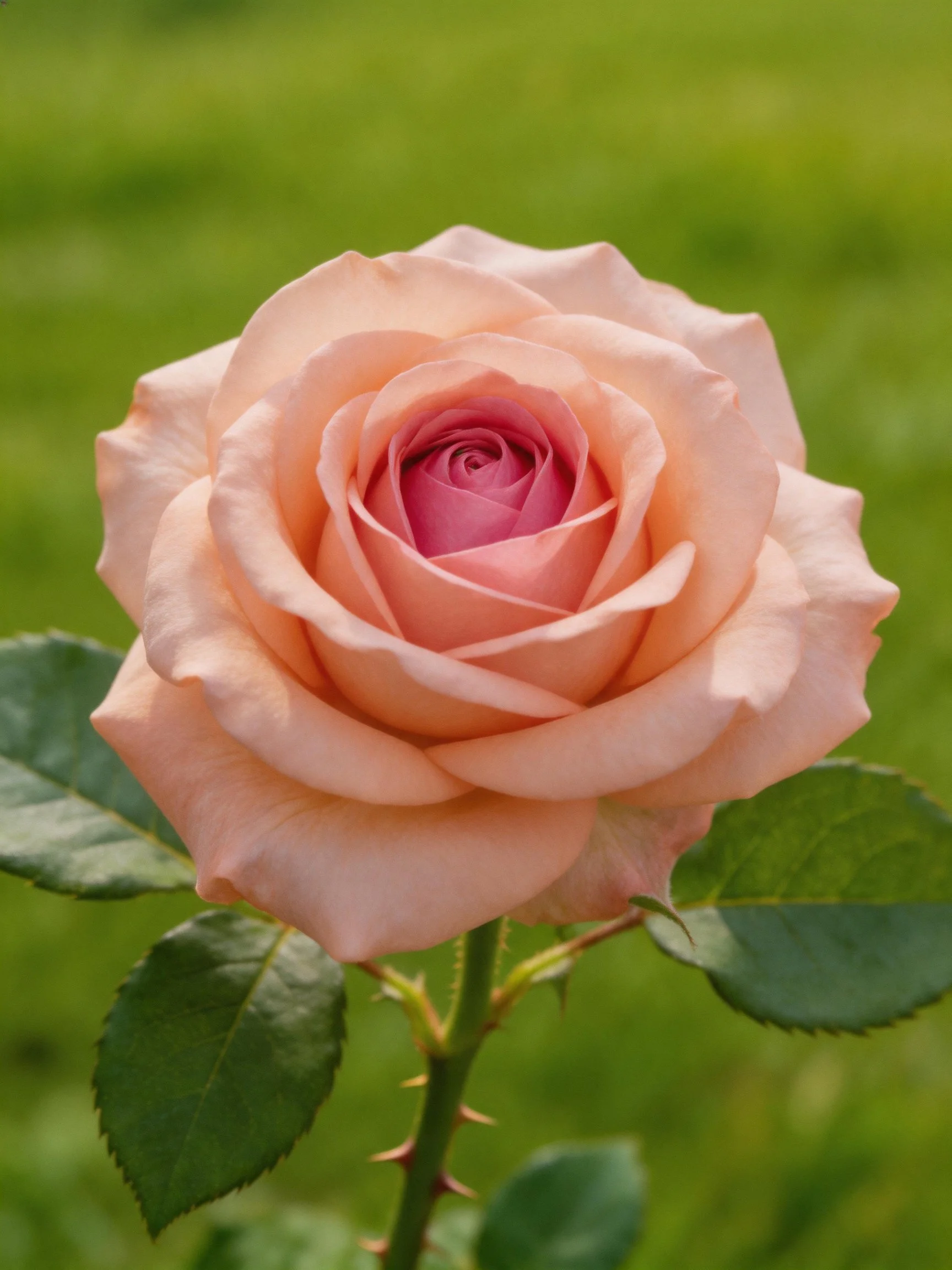 A pale pink rose with green leaves and thorns