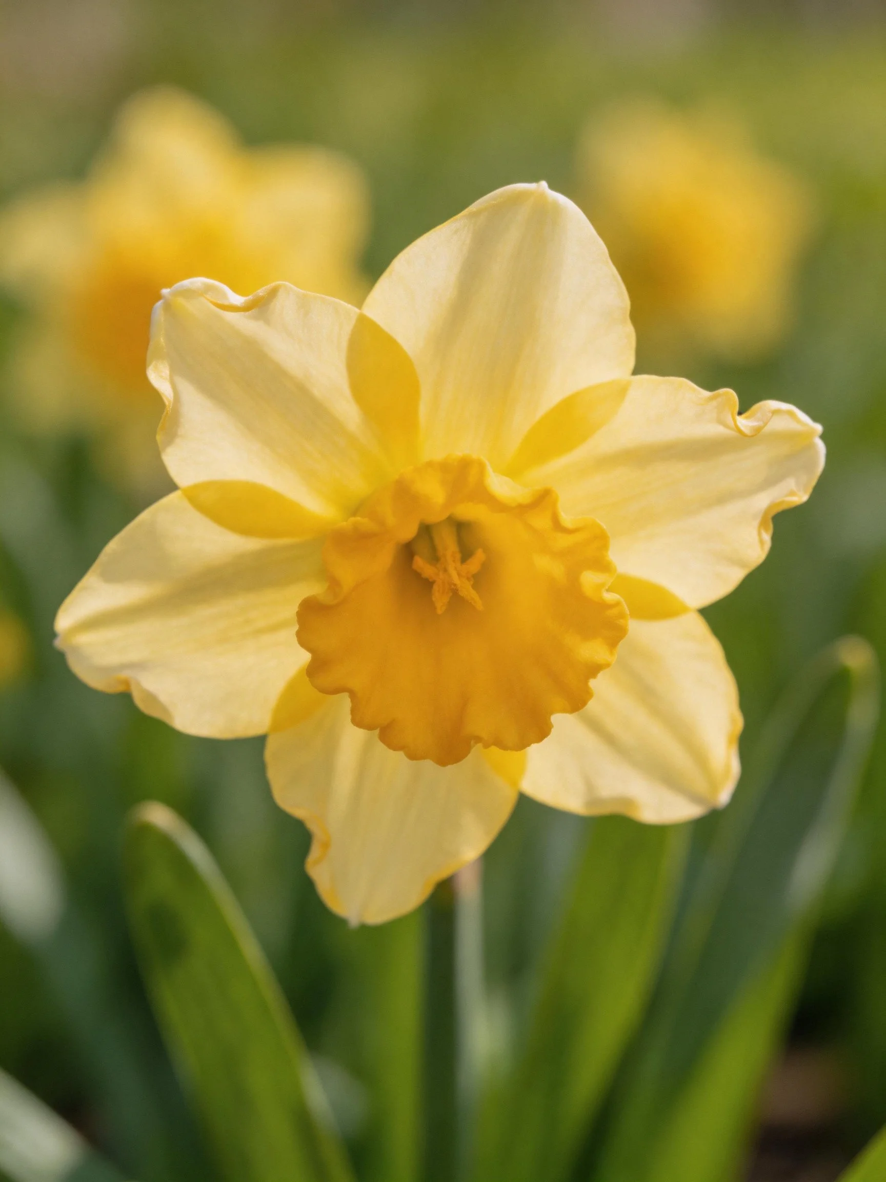 A pale yellow daffodil with a vibrant orange center in focus