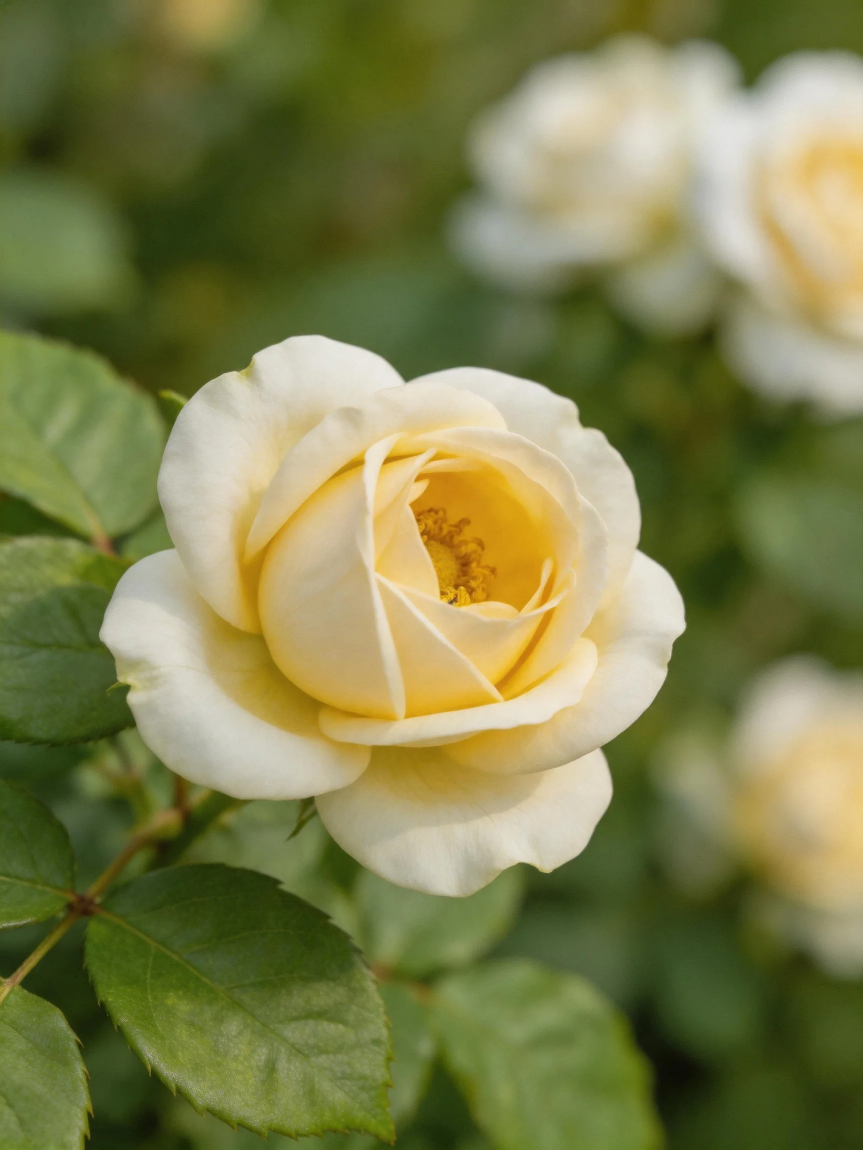 A pale yellow rose in sharp focus among blurred blooms