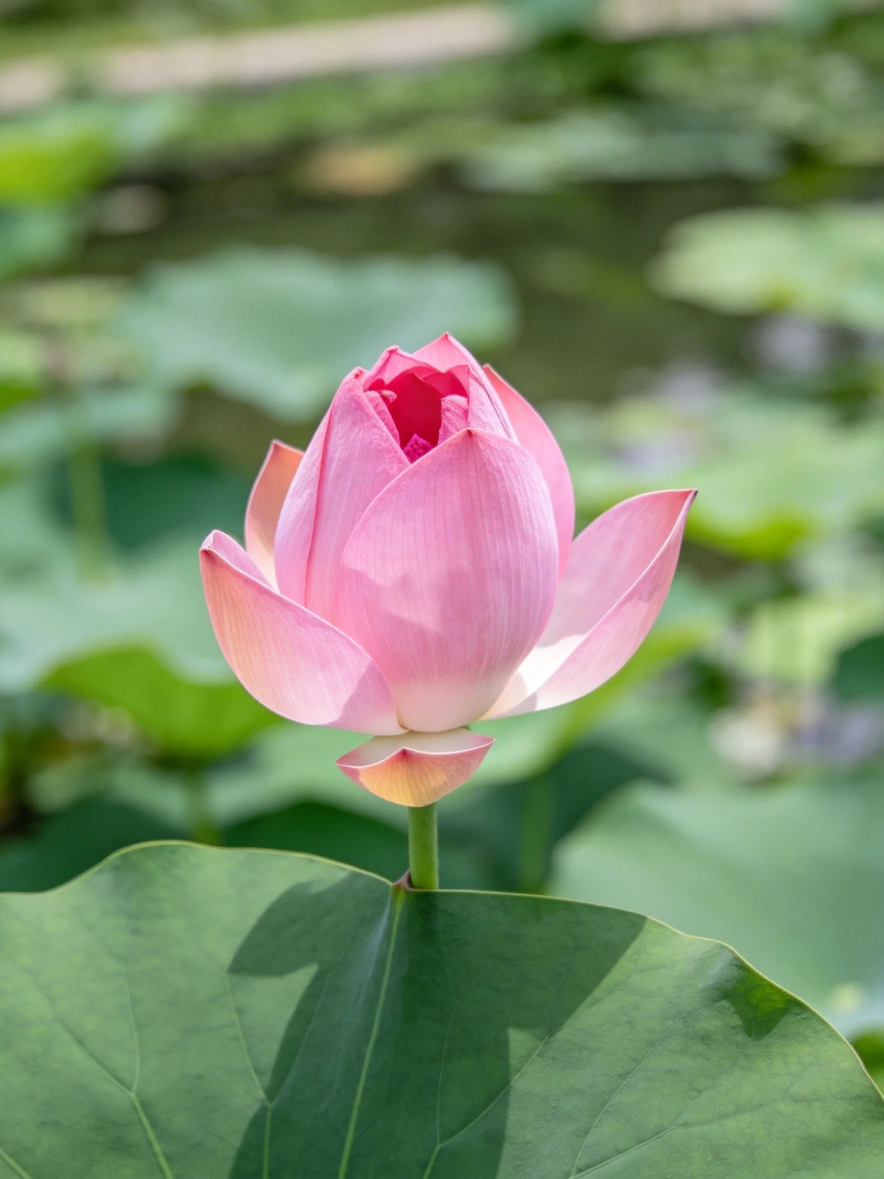 A partially opened pink lotus bud among large green leaves