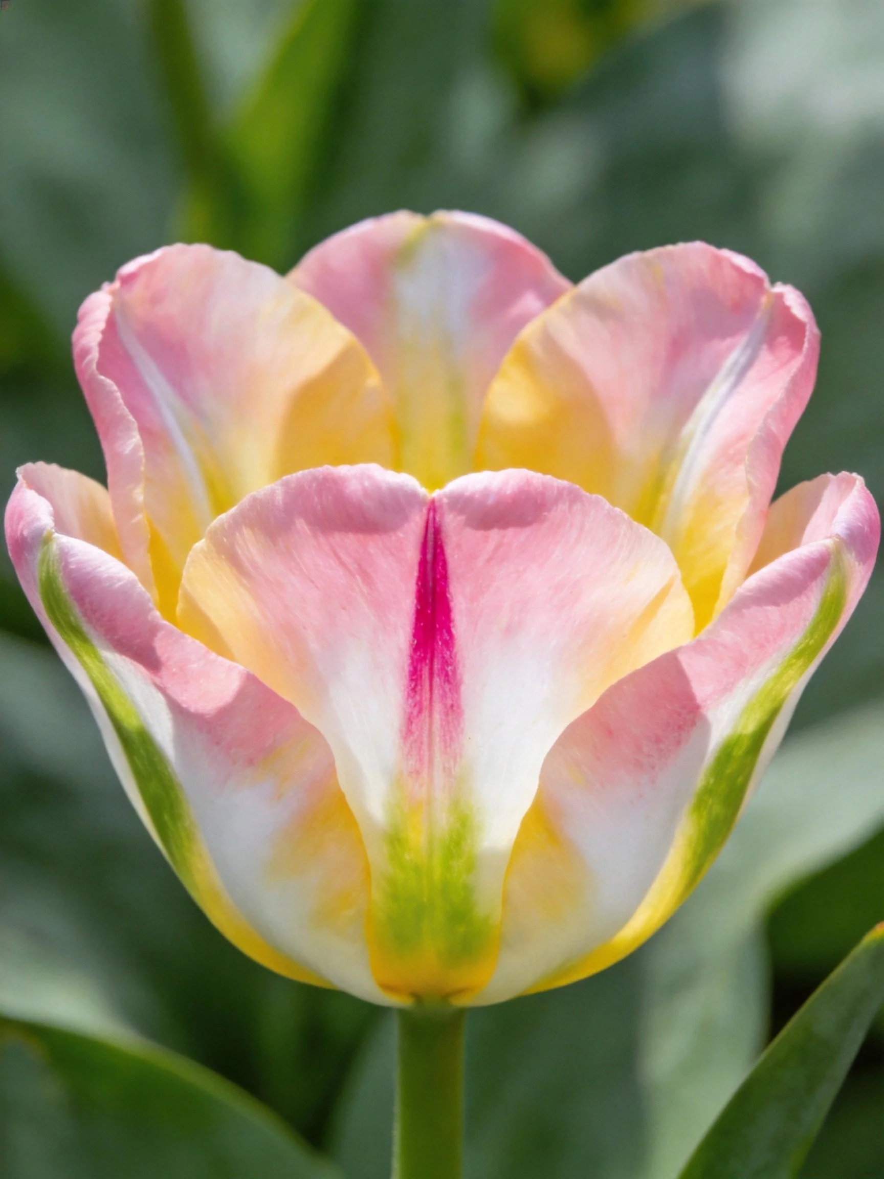 A pastel - tulip with pink, yellow, and white petals
