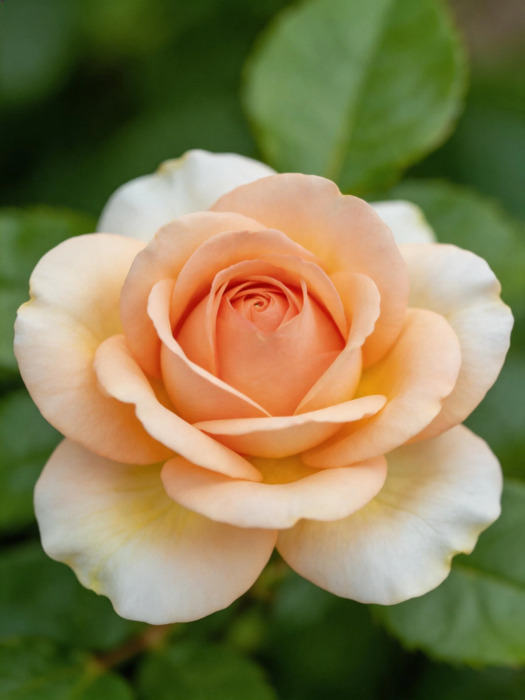 A peach and cream-colored colored rose in full bloom