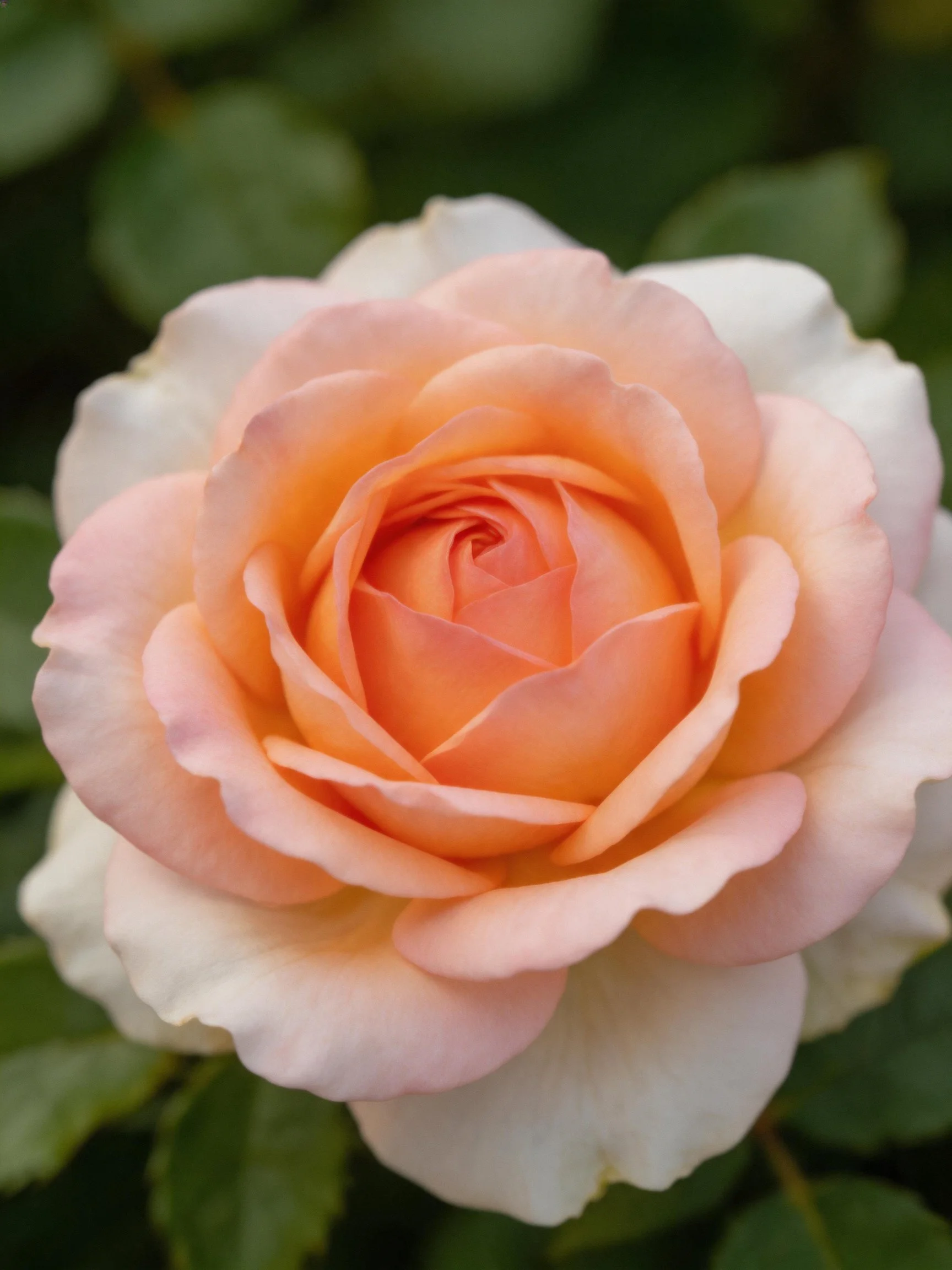 A peach and white rose with layered petals and green backdrop