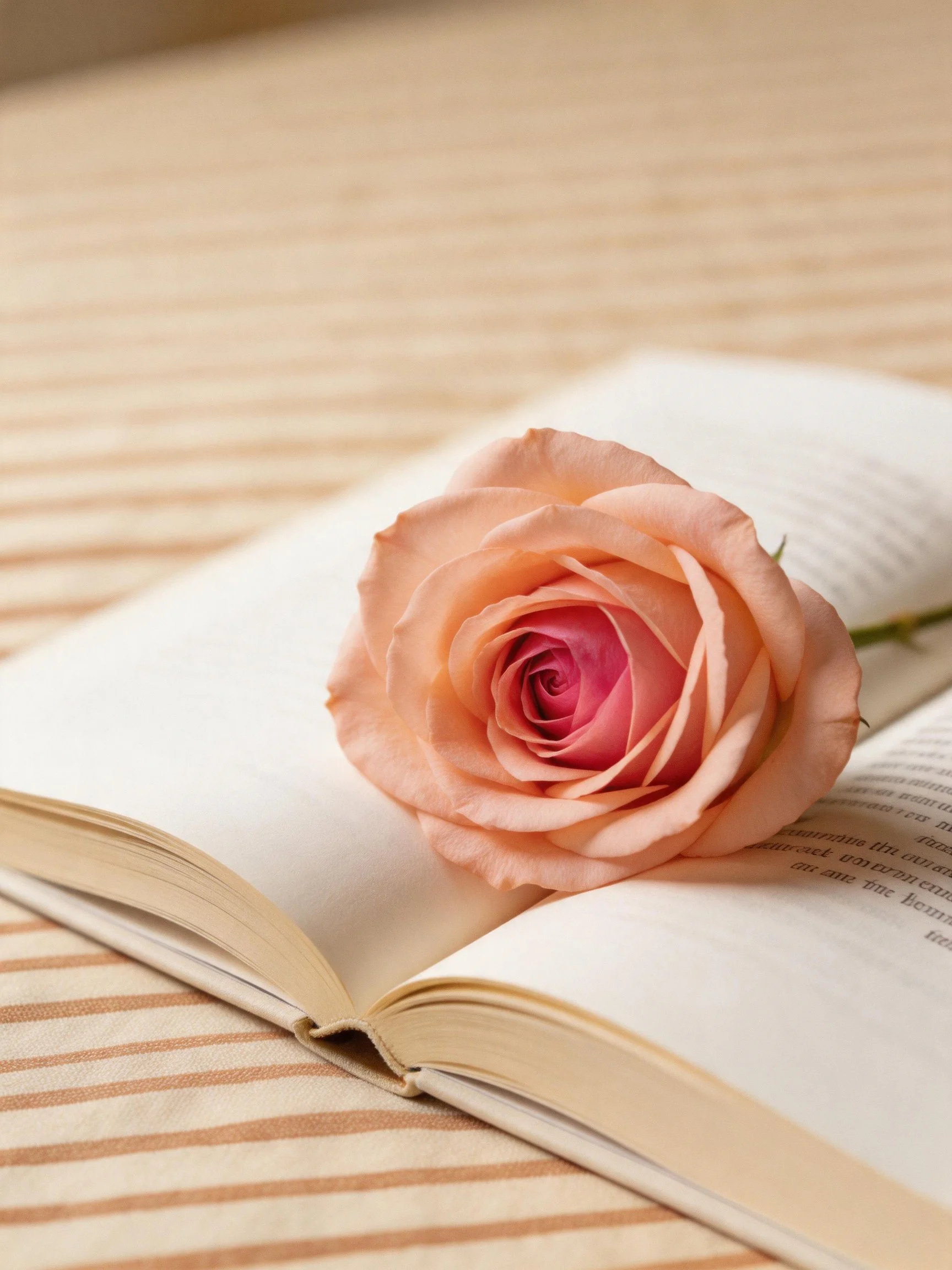 A peach - colored rose rests atop an open book on a striped fabric