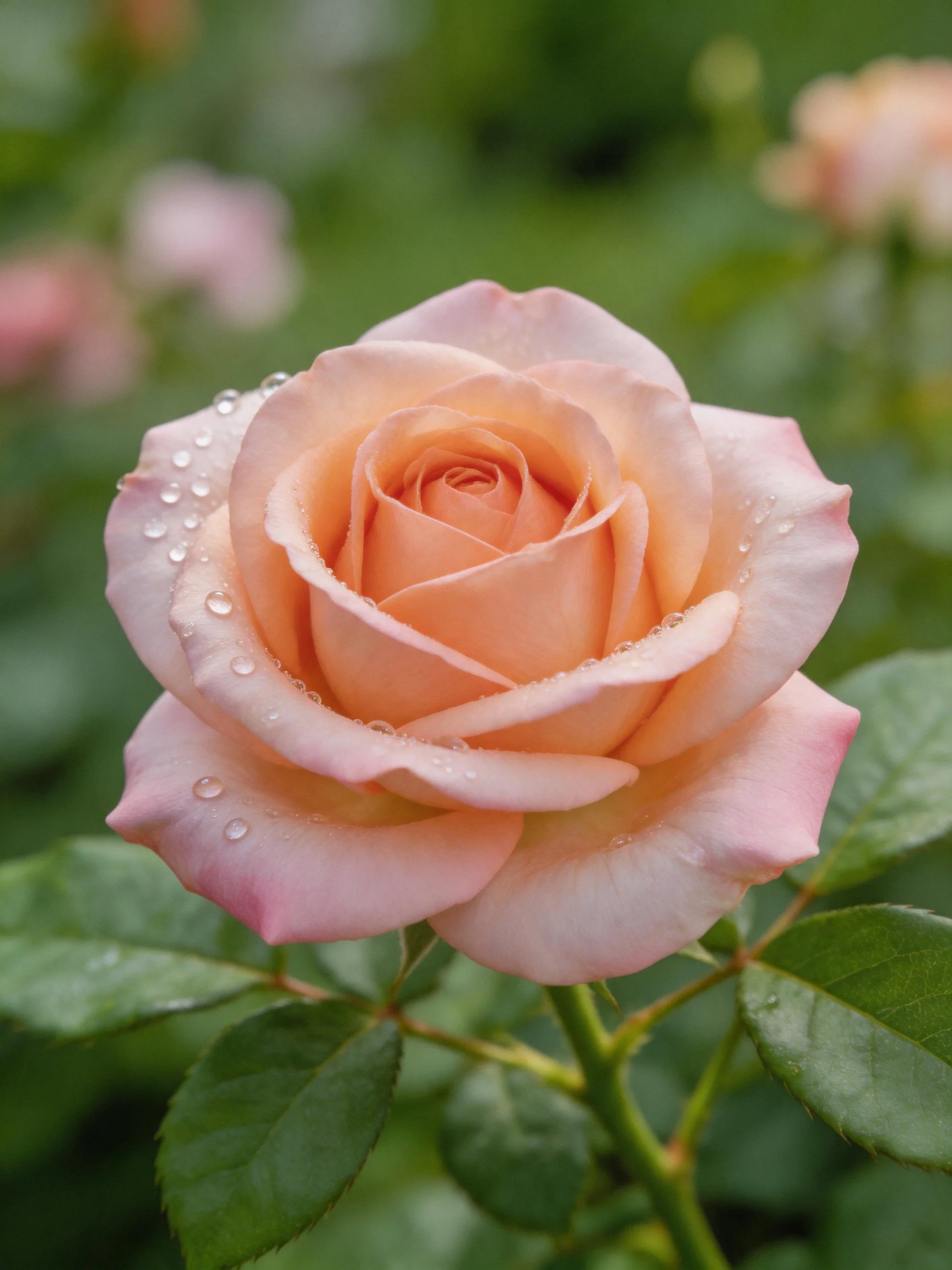 A peach - colored rose with water droplets, surrounded by green leaves