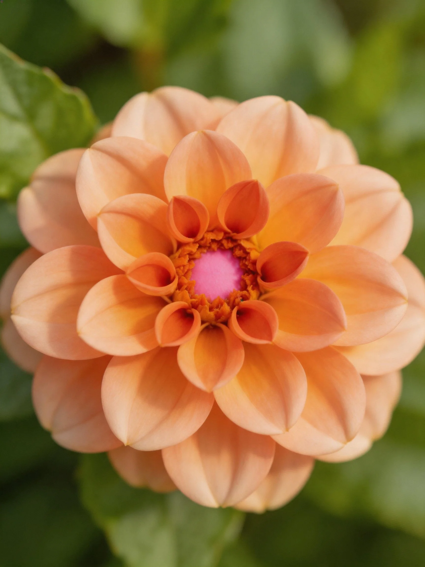 A peach-hued dahlia with layered petals and pink center