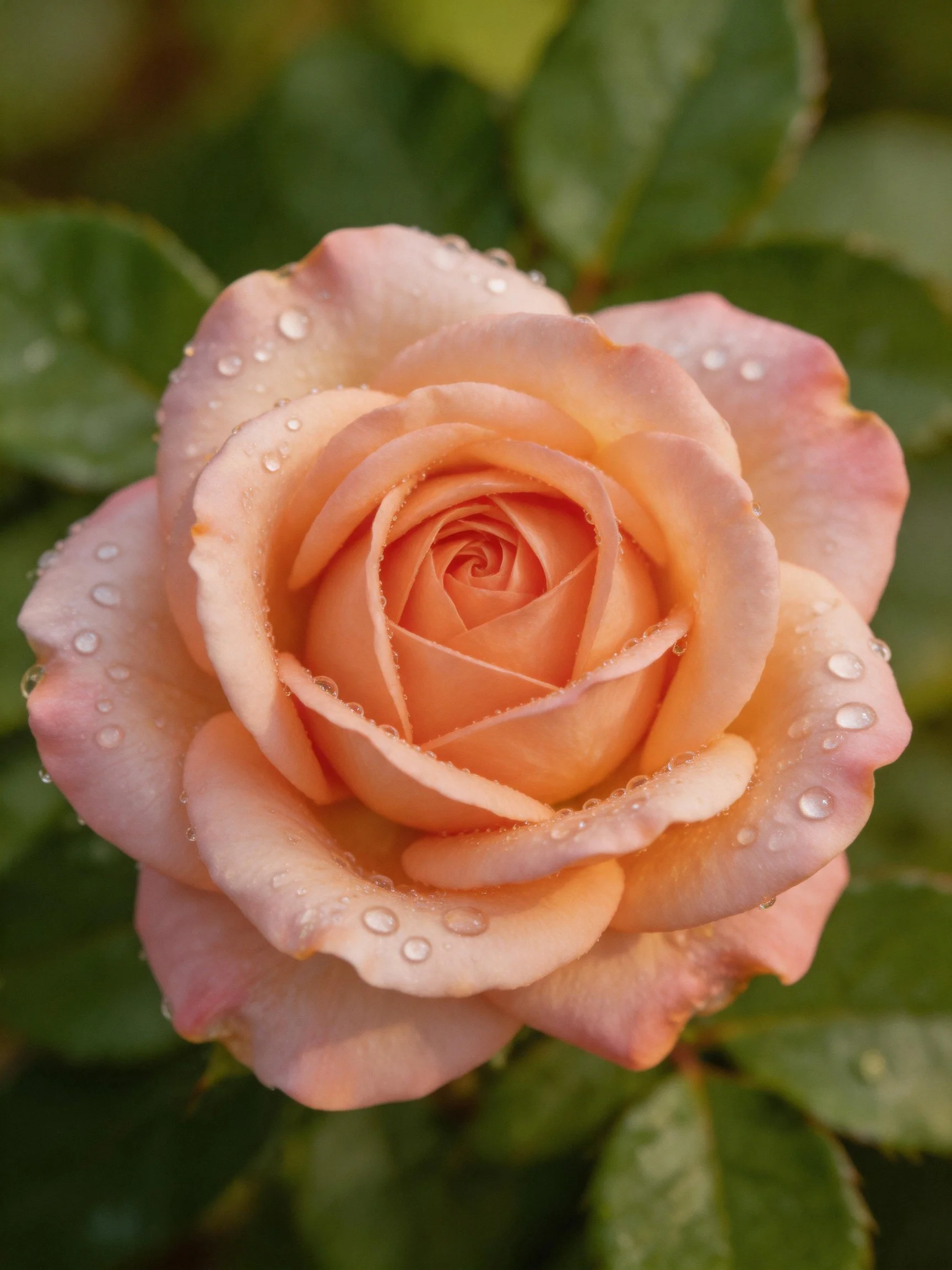 A peach-hued rose adorned with water droplets amid green leaves