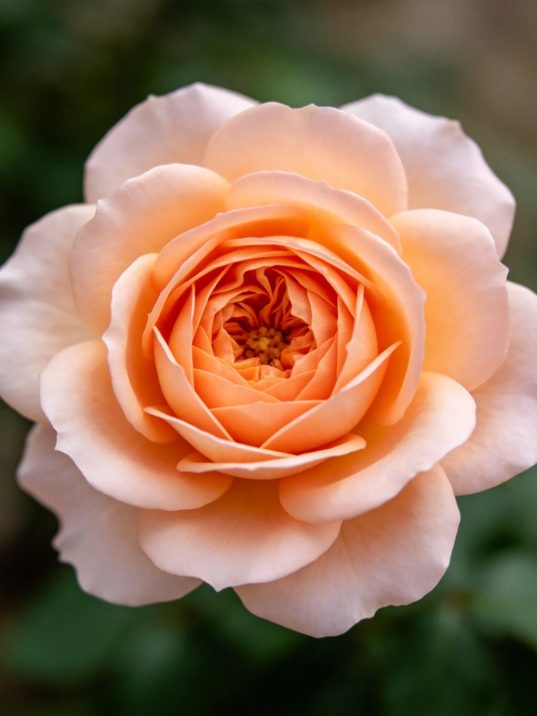A peach - hued rose with layered petals and blurred green backdrop
