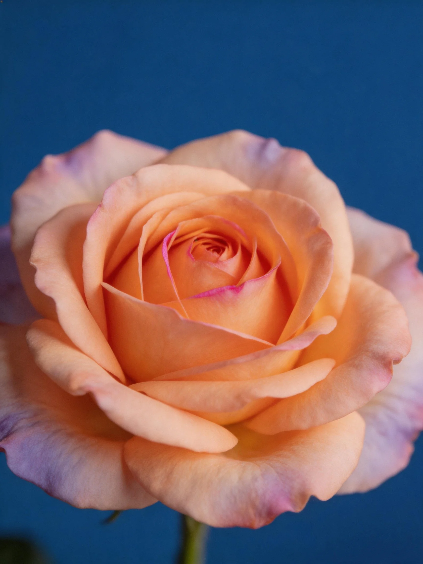 A peach - hued rose with purple petal accents, set against a deep blue background