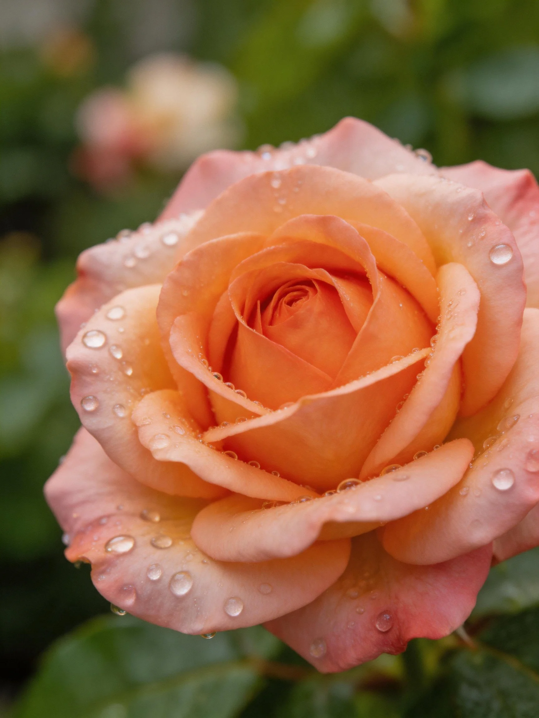 A peach-hued rose with water droplets on layered petals