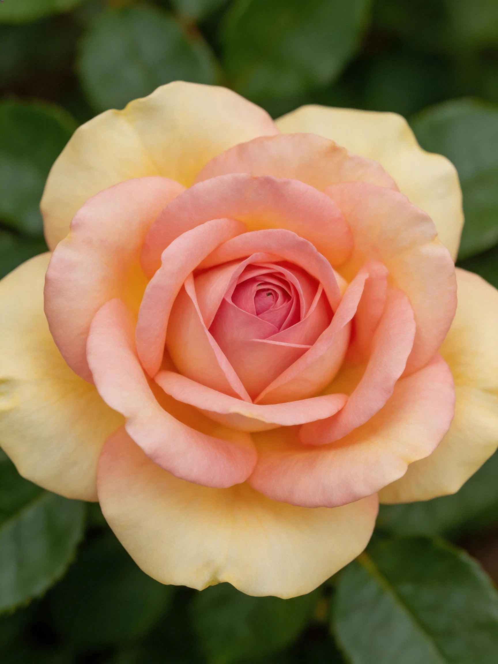 A peach-pink and cream-hued rose in full bloom