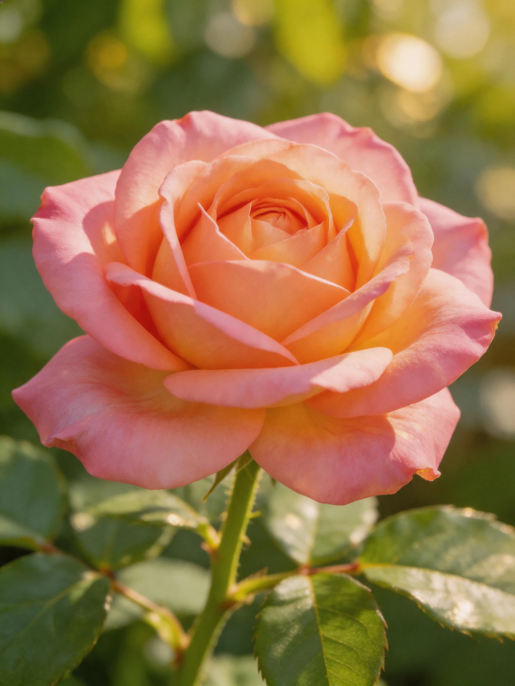 A peach-pink rose blooms with layered petals near green leaves