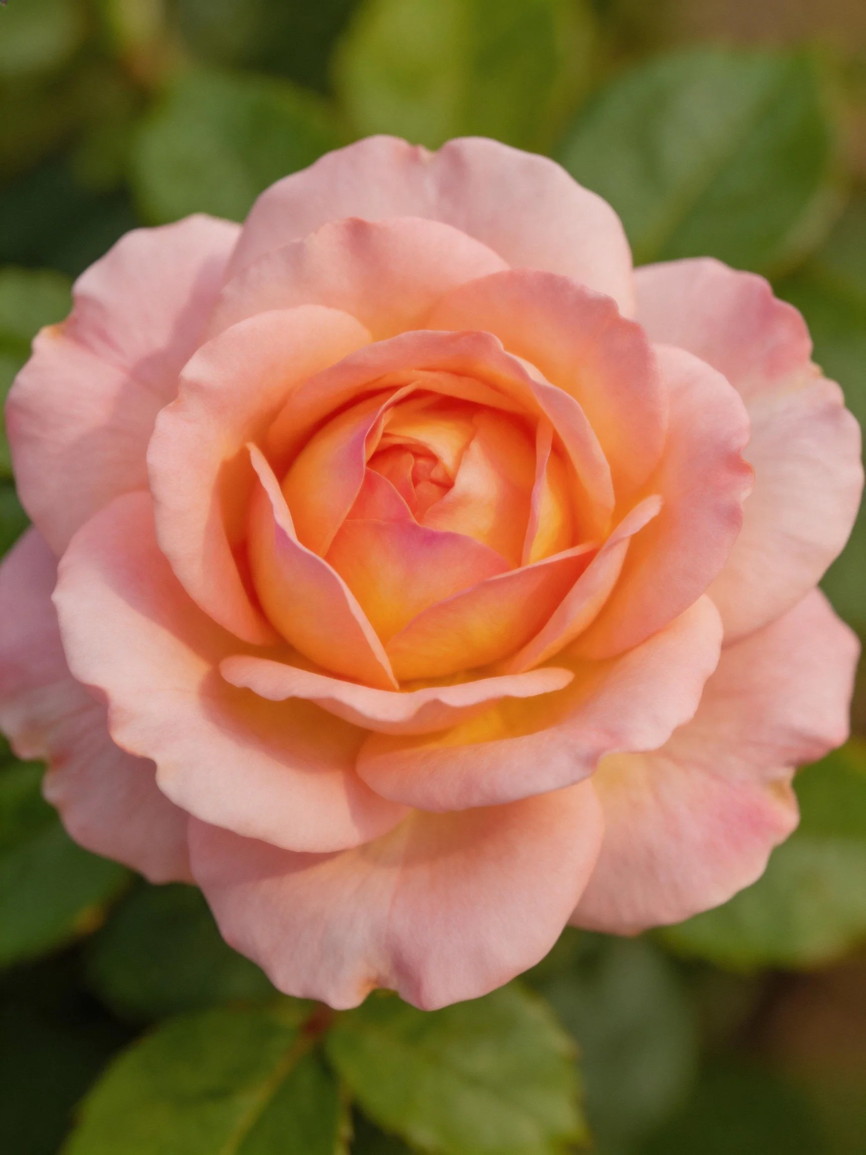 A peach-pink rose with layered petals against green foliage