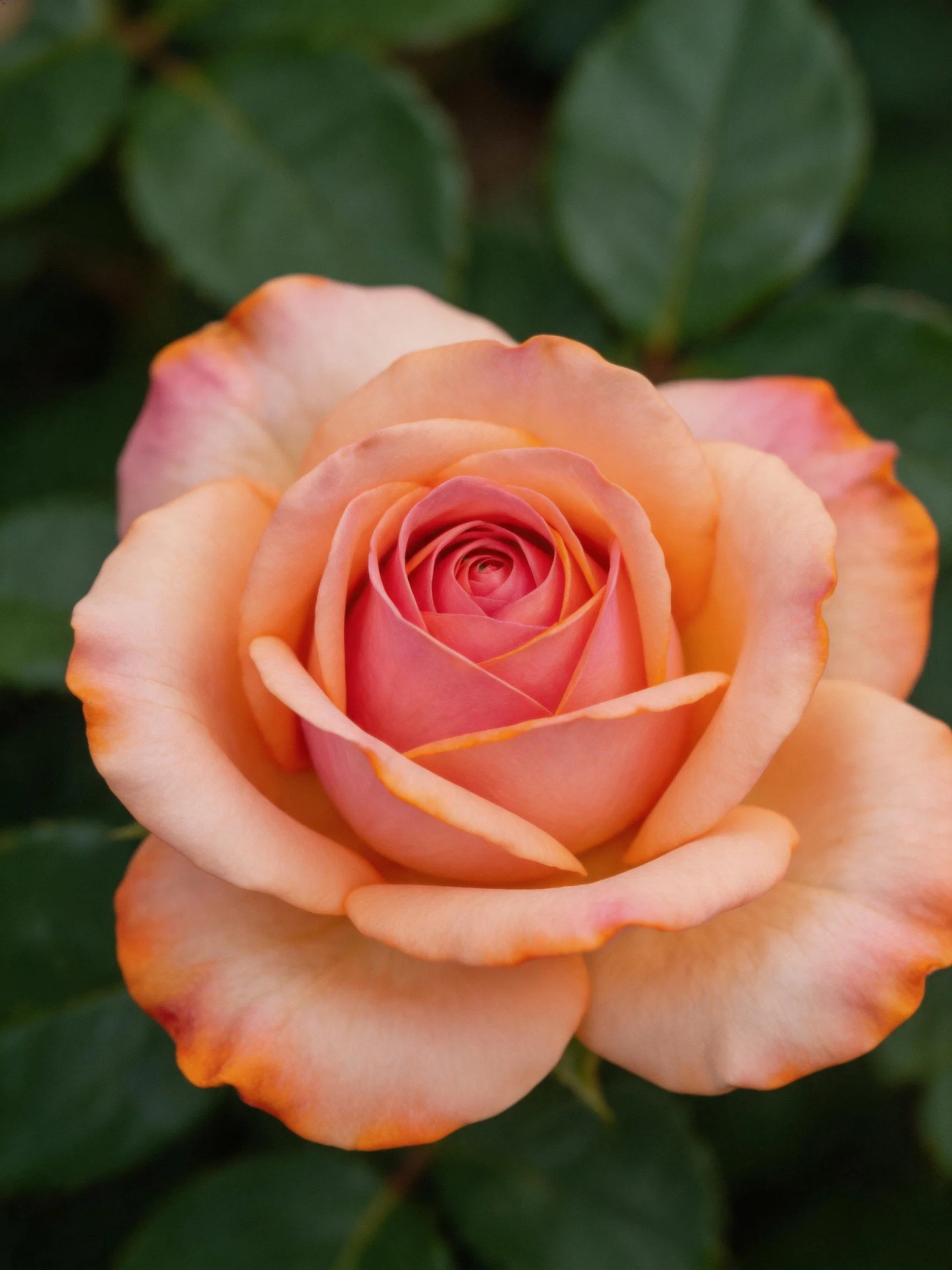 A peach-pink rose with orange-tipped petals surrounded by dark green foliage