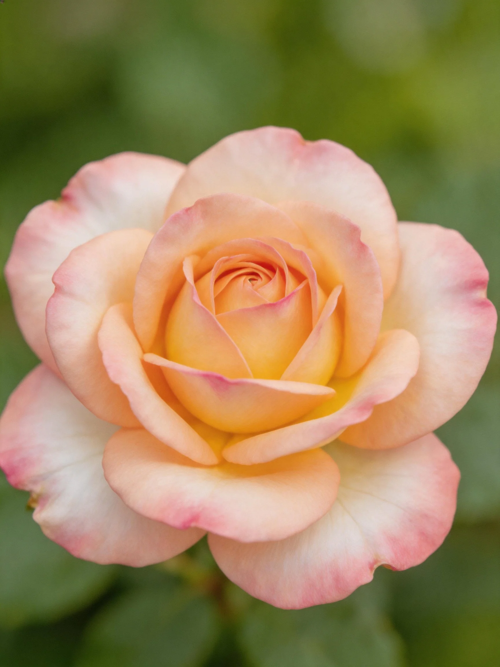 A peach-pink rose with soft gradient petals amidst blurred green foliage