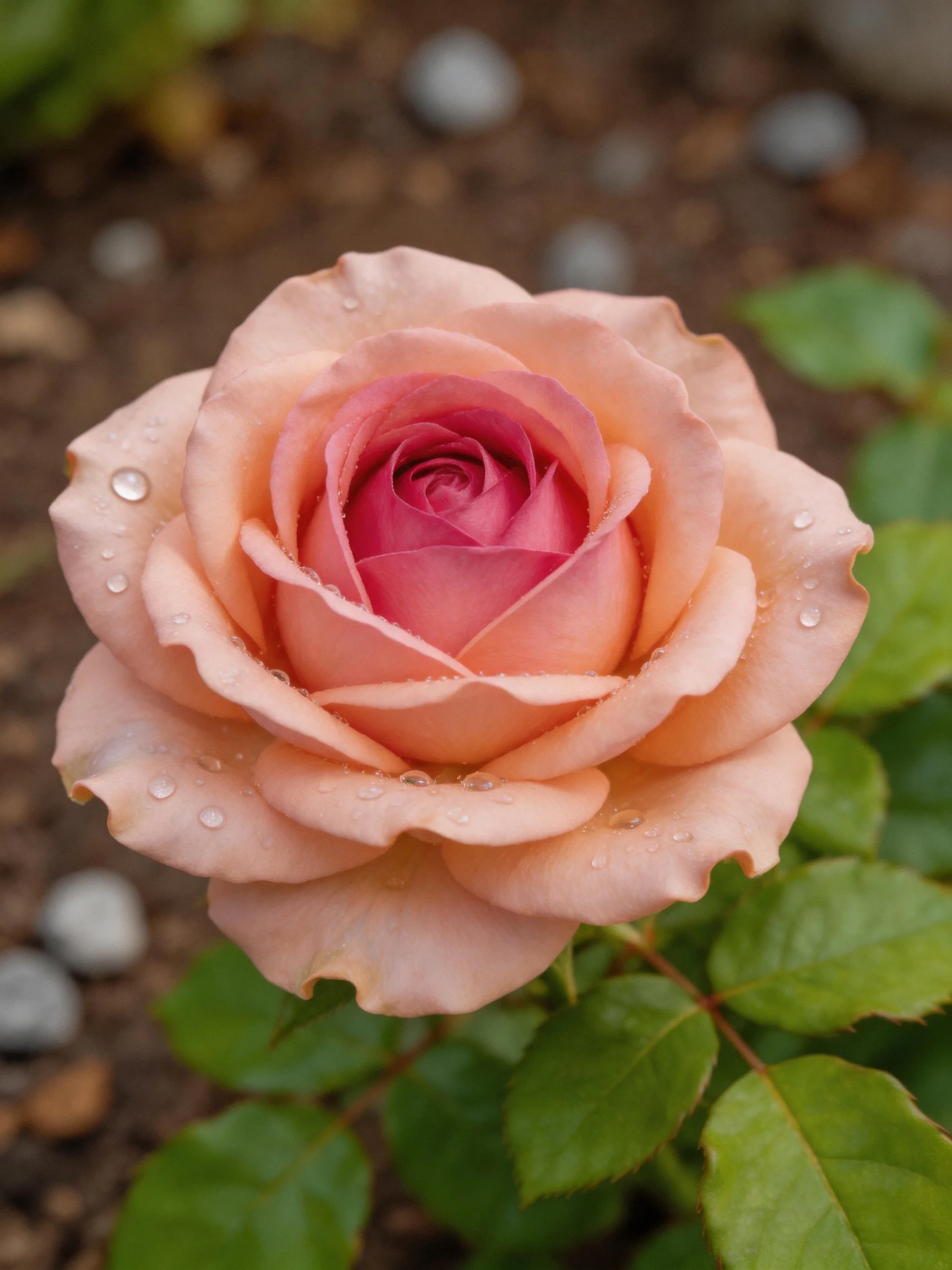 A peach-pink rose with water droplets and green foliage