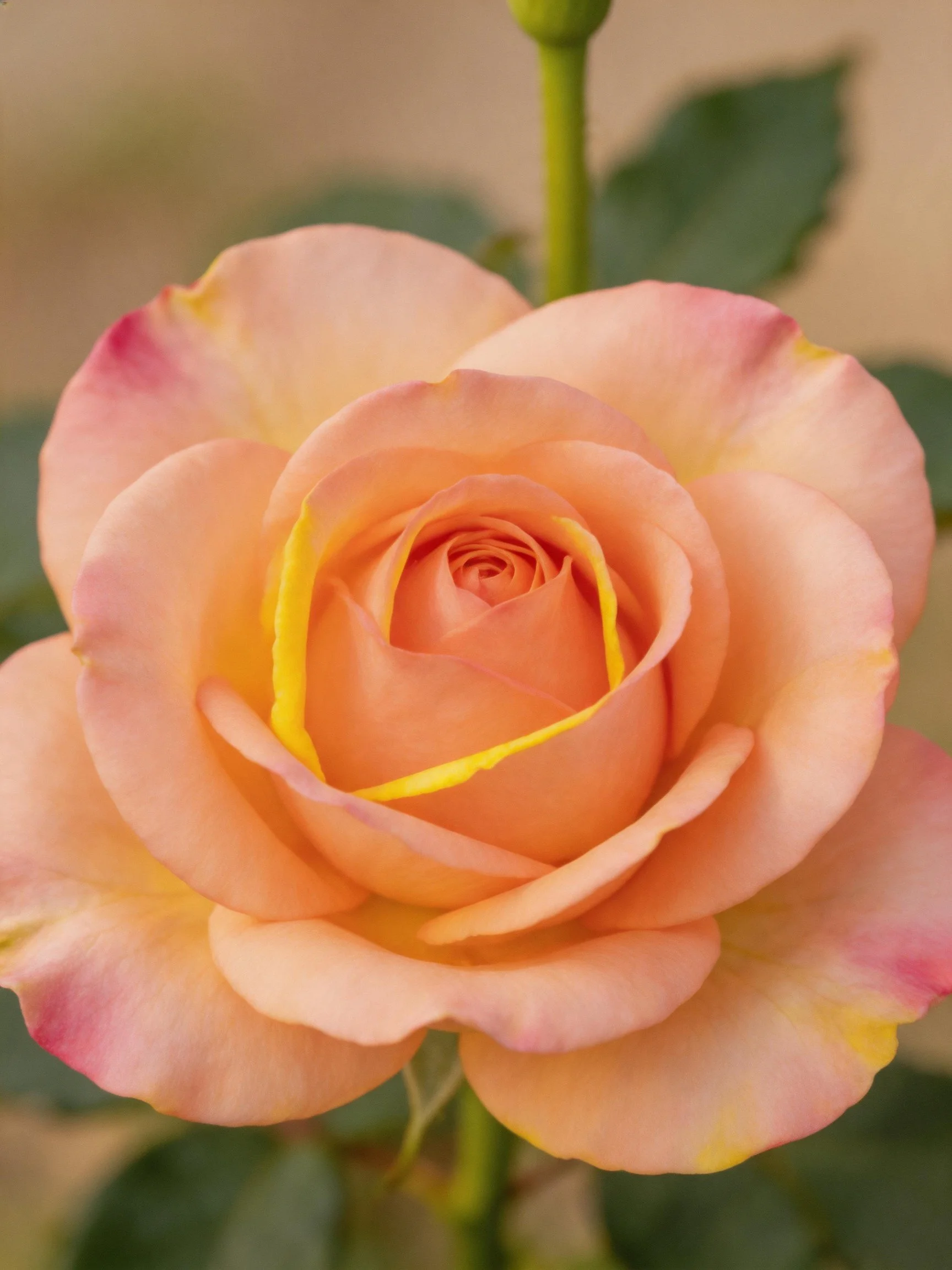 A peach-pink rose with yellow petal accents
