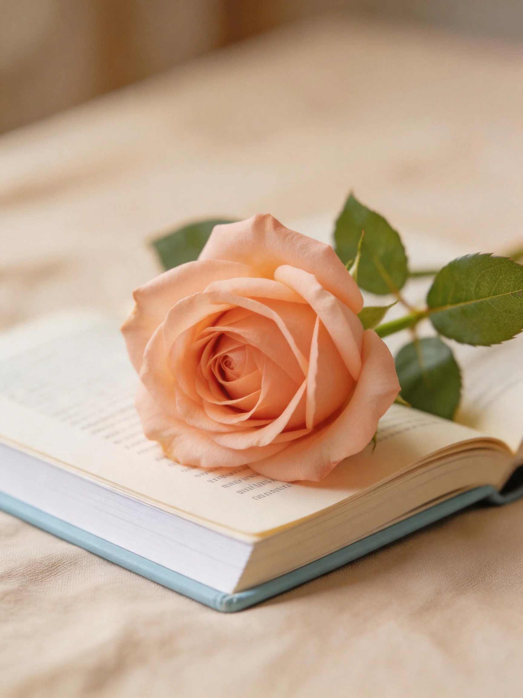 A peach rose rests on an open book with a blue cover